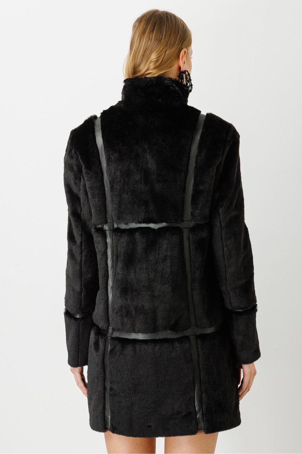 Moda İlgi-Modailgi Stripe Detailed Fur Coat Black 6
