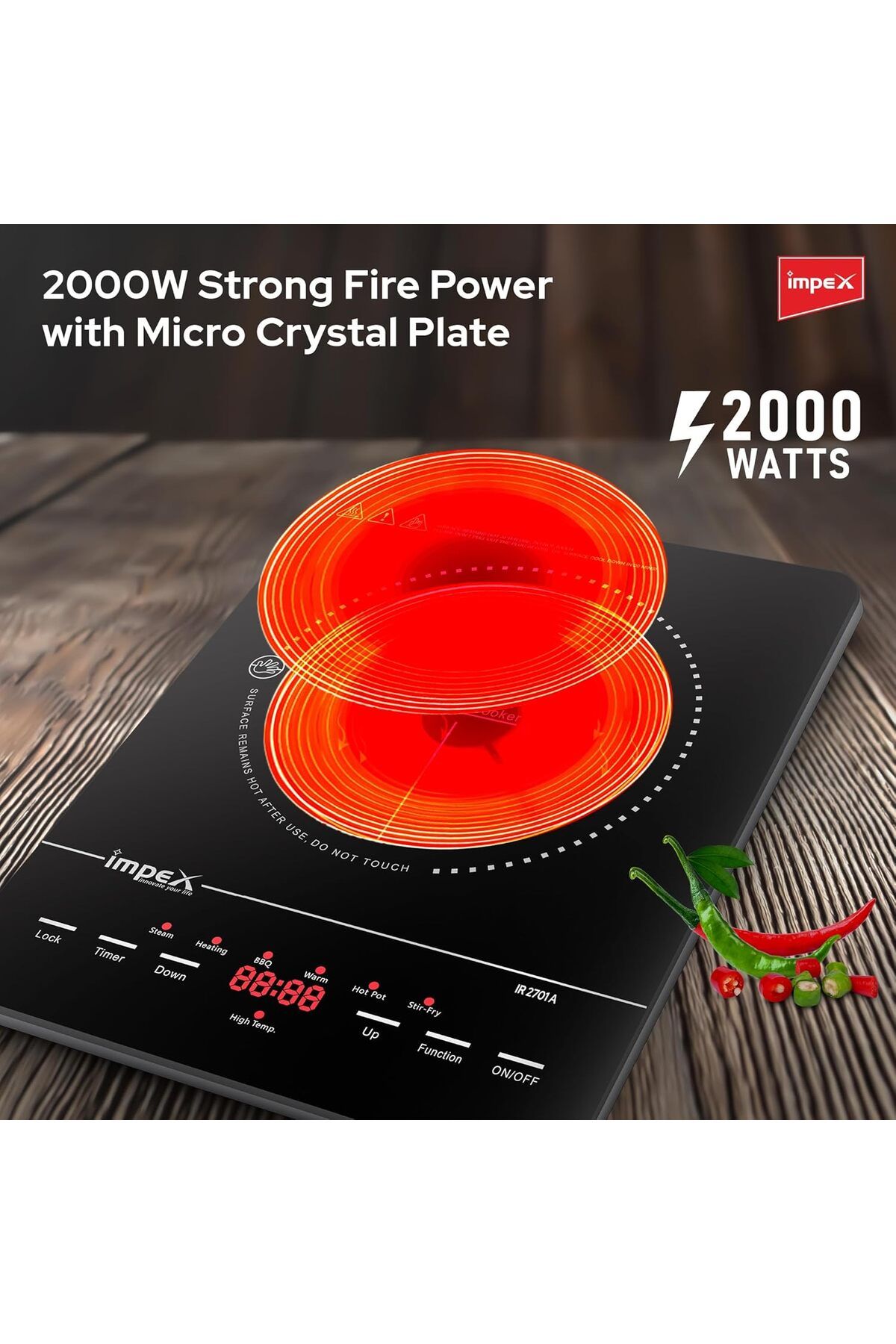 İMPEX-Impex Infrared Cooktop With 4 Digit LED Display 10 Temperature Settings, 6 Mode 2000W 4