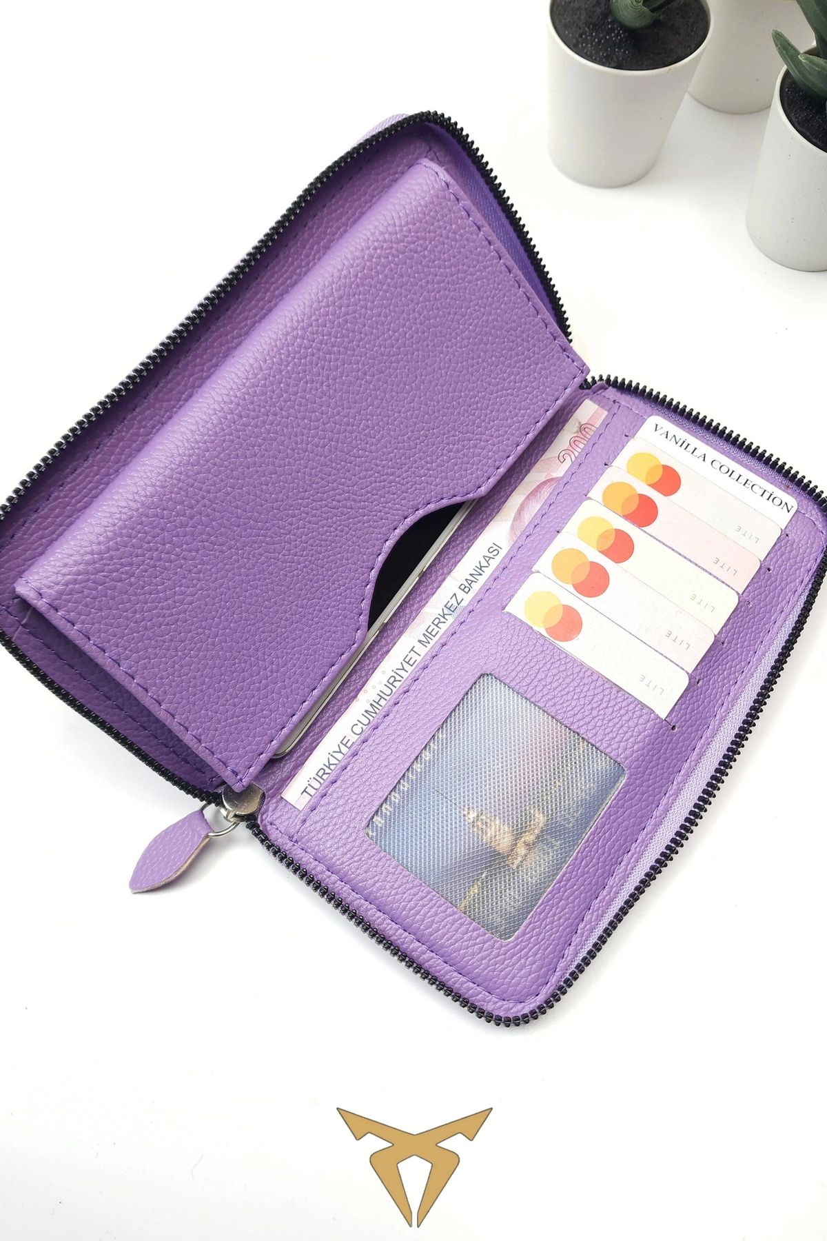 کیف پول زنانه قسمت تلفن LILA COLOR WALLET چرمی PORTFOLIO CARD HOLDER LONG VANİLLA COLLECTİON