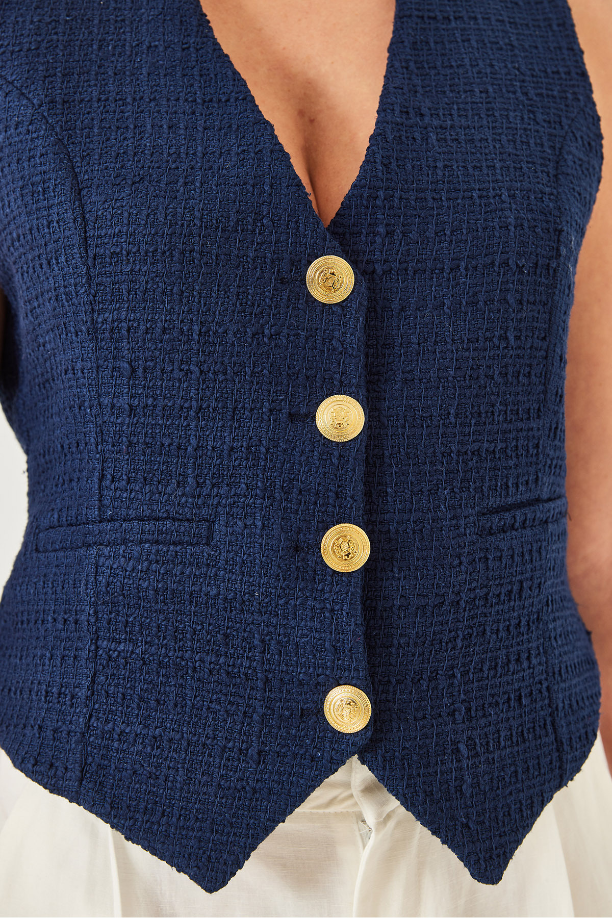 Bianco Lucci-Női fémgombos részletes tweed mellény 60155 60271012 5