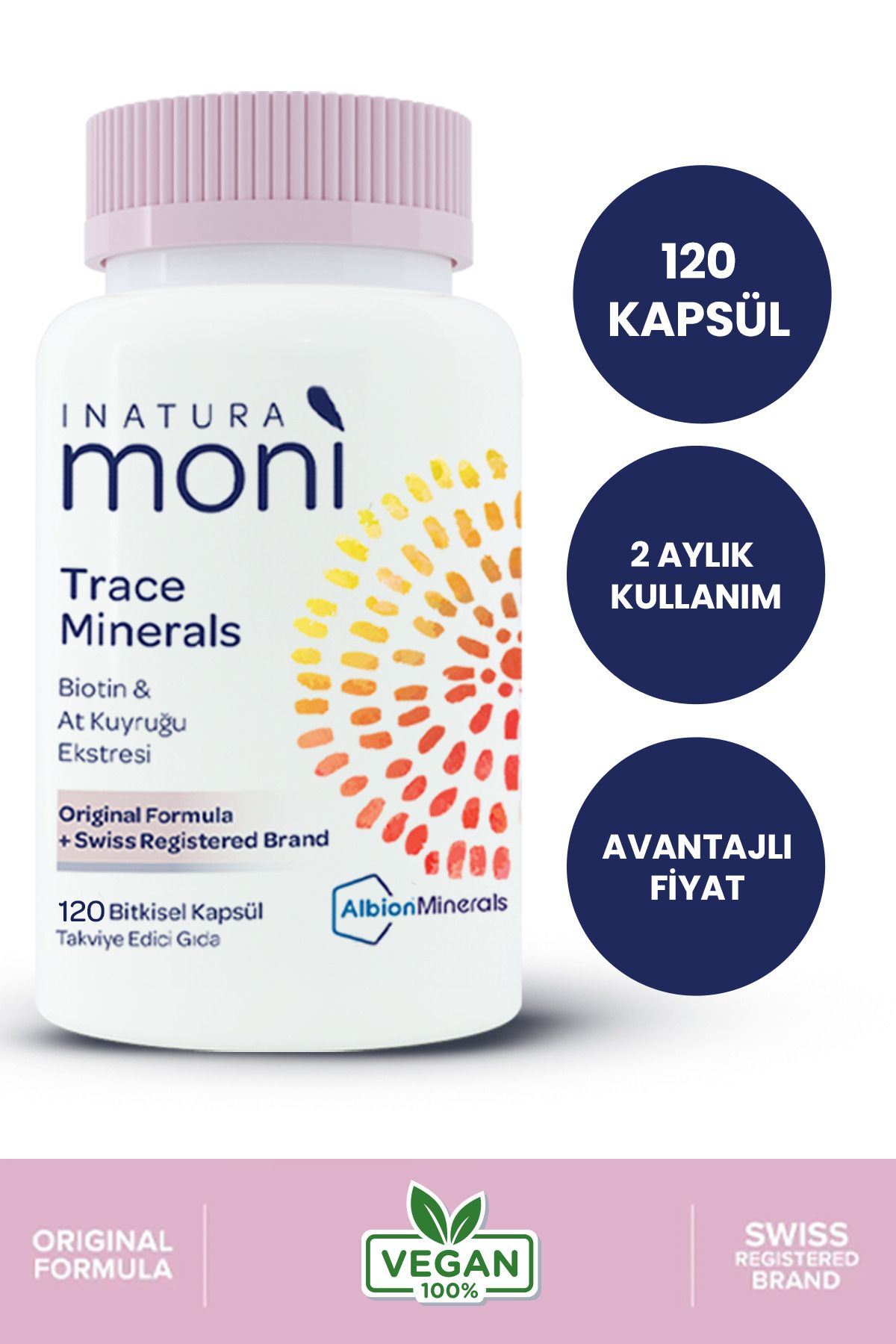 Inatura Moni 120 Vegan Kapsül Trace Minerals Biotin 5000, Krom, Çinko, Selenyum, At Kuyruğu Multivitamin