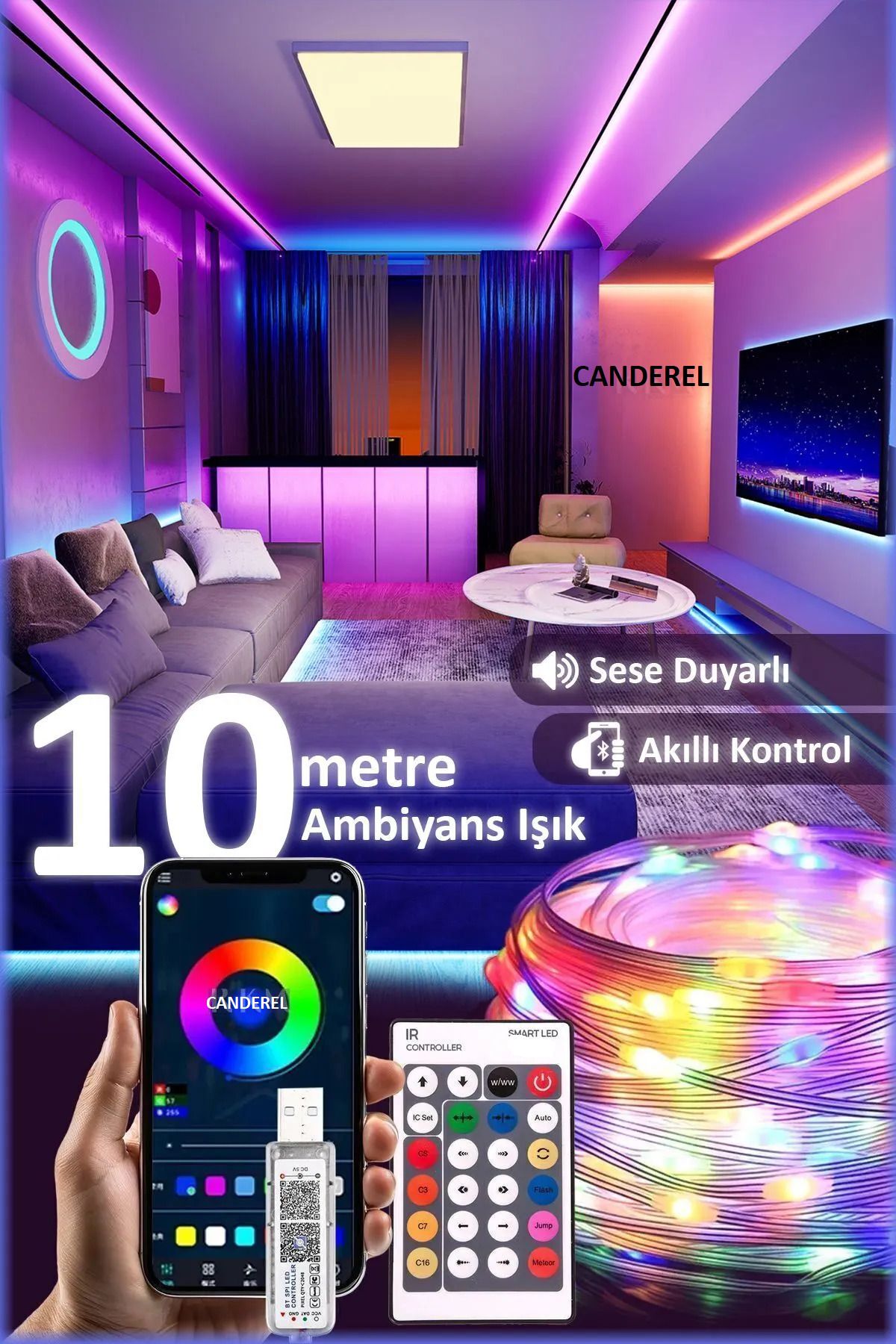 Canderel Sese Duyarlı Usb'li Uzaktan Kumandalı Bluetooth Mobil Uygulama RGB Led Işık Su Geçirmez