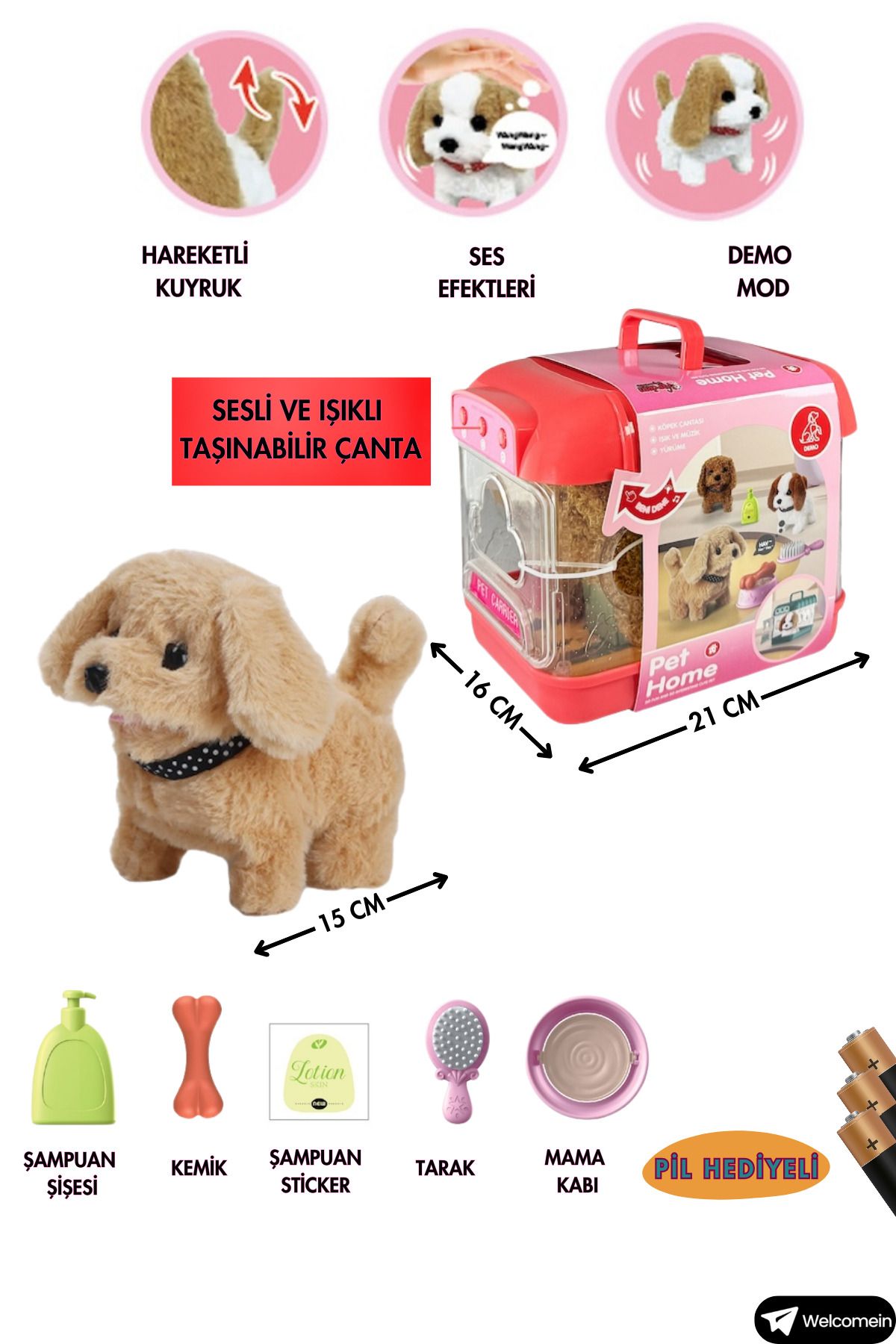 welcomein Oyuncak Sesli Işıklı Yürüyen Hareketli Köpek Taşıma Çantalı Aksesuarlı Set  Taşınabilir Çanta +Pil🎁