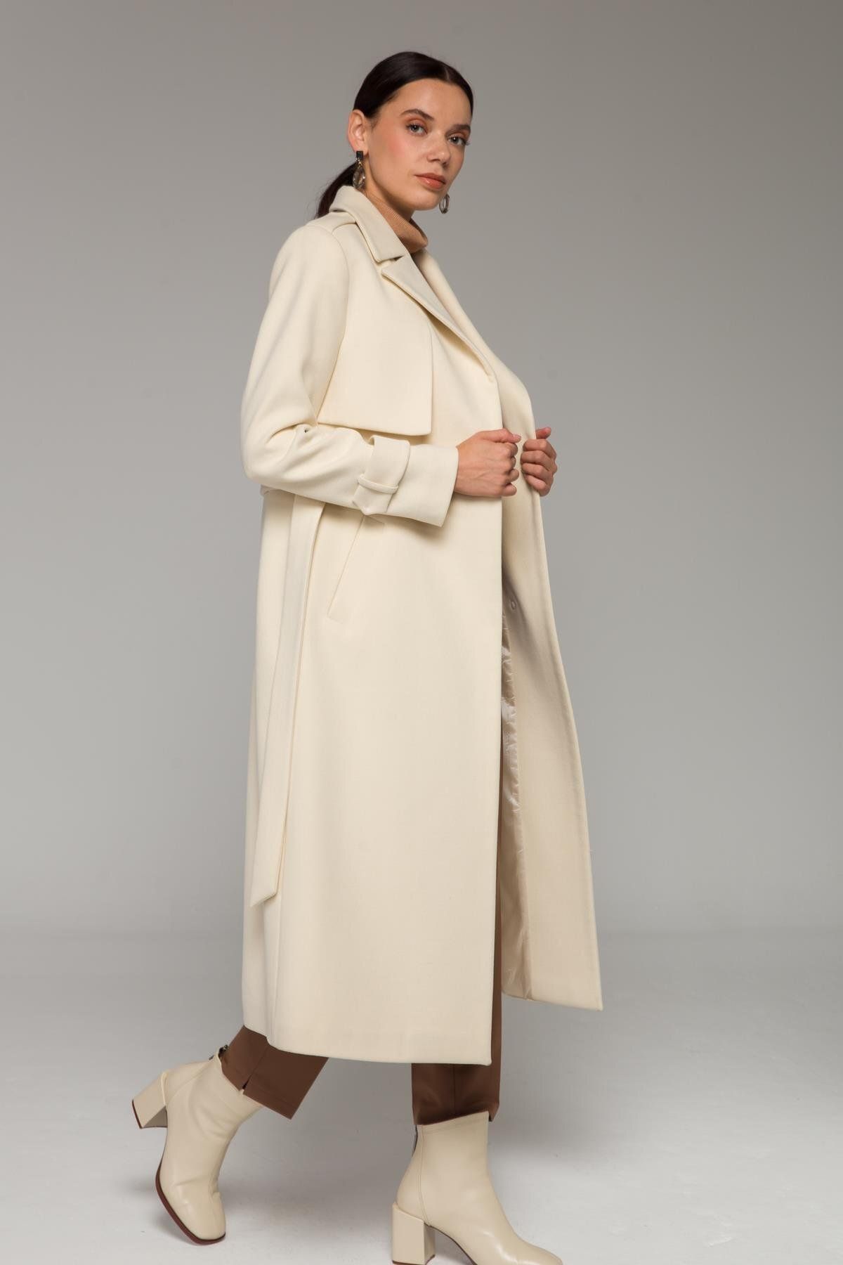 Olcay-Cape and Epaulette Detailed Snap Closure Medium Length Coat Ecru 3771 5