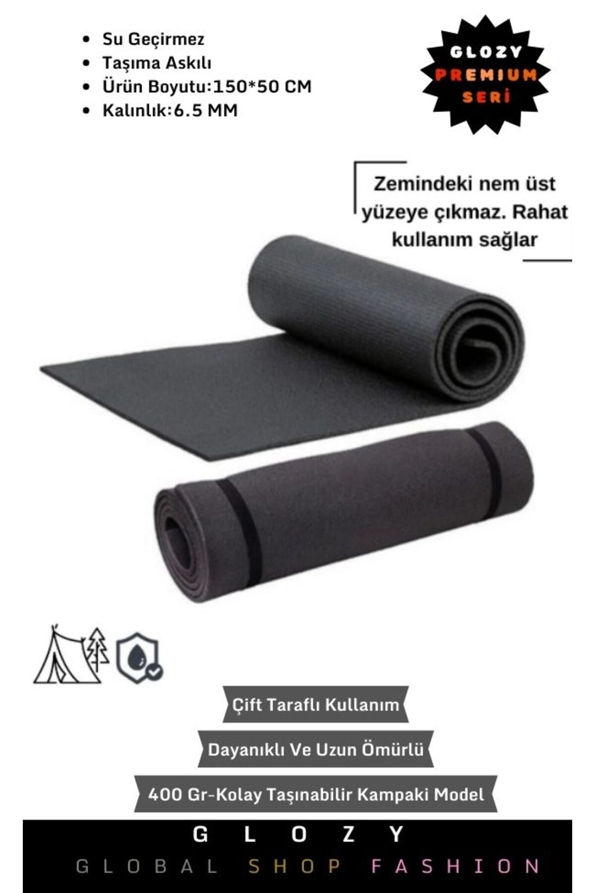 GLOZY Premium Seri Taşıma Askılı Su Geçirmez Konforlu Kalın Çift Taraflı Çadır Uyku Yer Minderi Kamp Matı