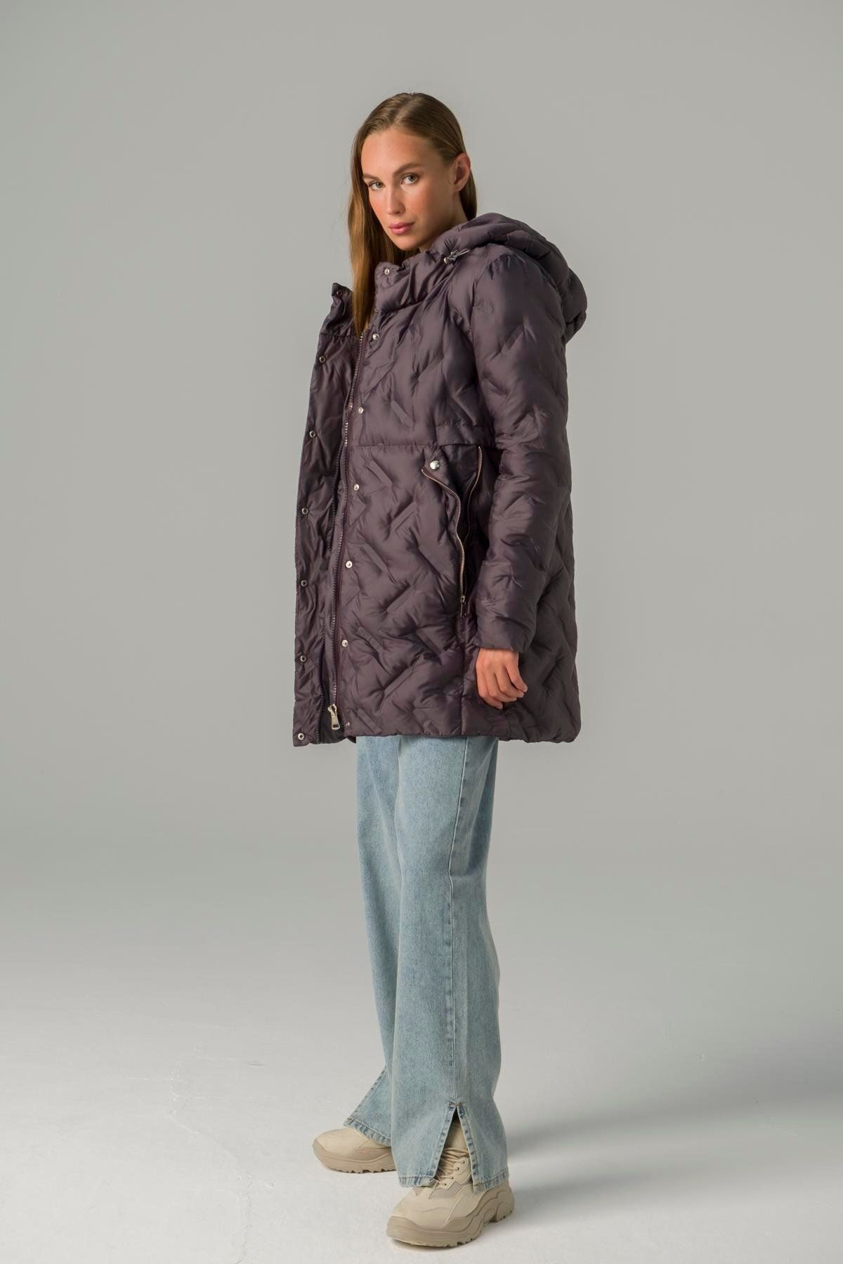 Olcay-Vreckový zips s kapucňou s detailným vzorom Puffer Coat Antracite 6394 6