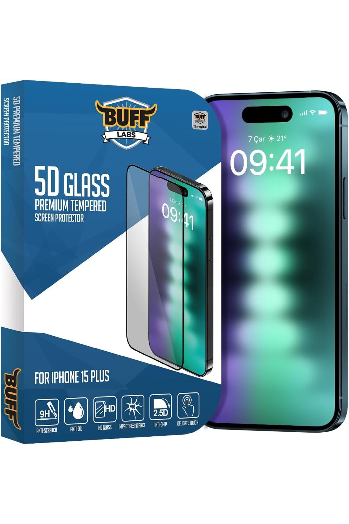 yusuftex srht LABS Buff iPhone 15 Plus ile Uyumlu 5D Glass Ekran Koruyucu  721051