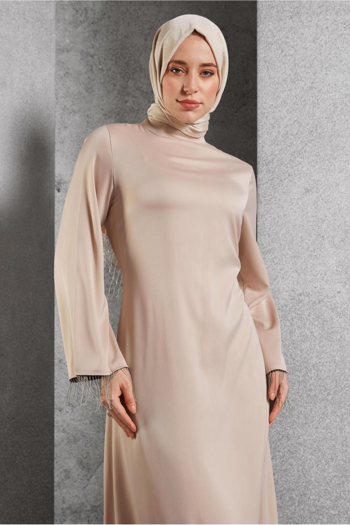 TRENDTESETTÜR-Beige Satin Women's Evening Dress - t 5744 2