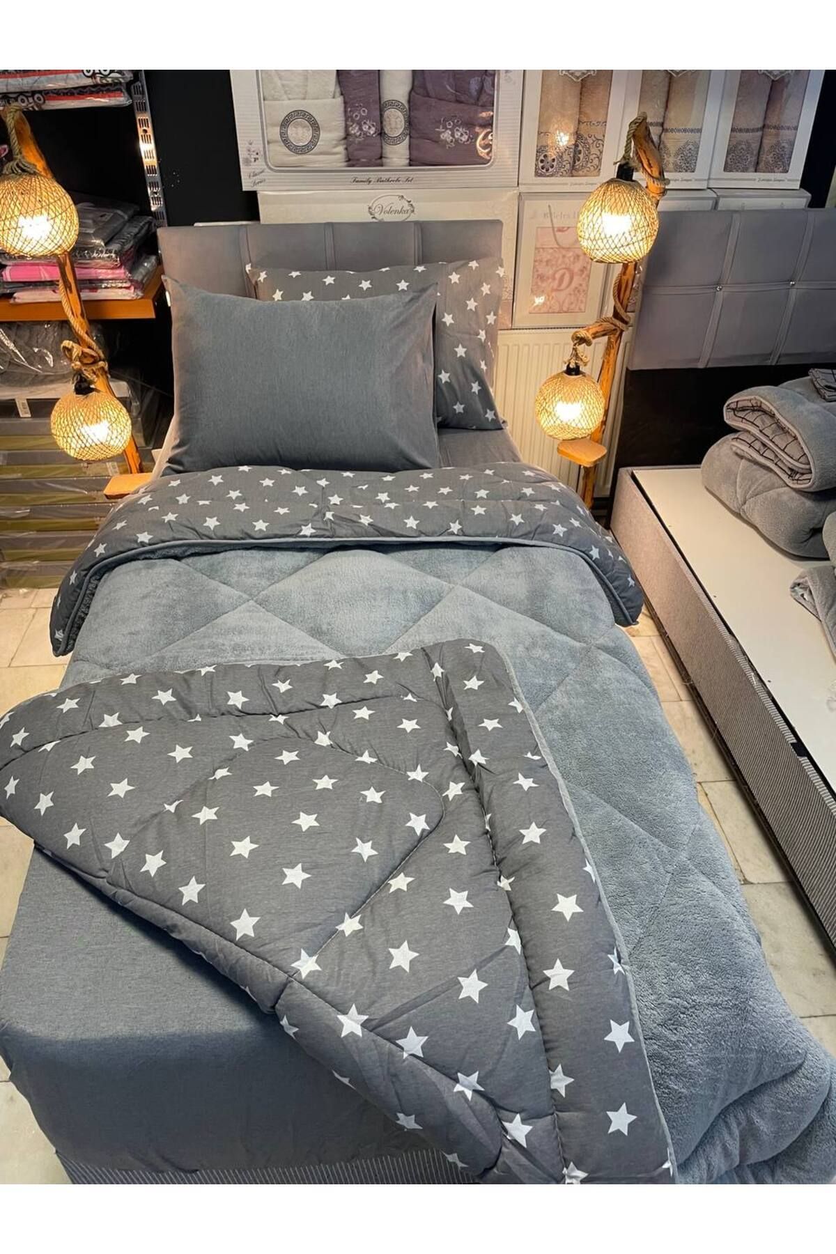 Sudemhome-Single Double Sided Welsoft Fluffy Soft Sleeping Set Anthracite Star (with Elastic Sheets) 4