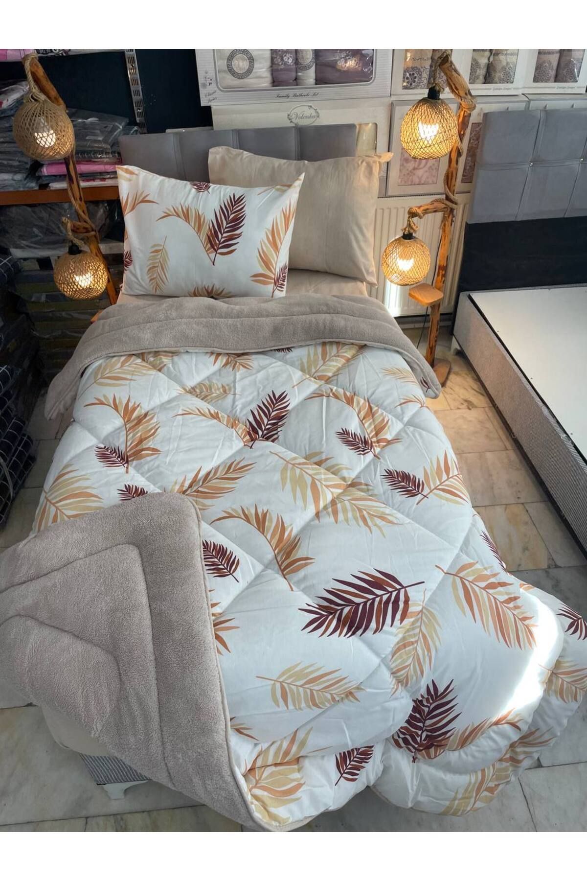 Sudemhome-Welsoft Single Soft Sleeping Set - Double Sided, Beige Feather (with Elastic Scarf) 5