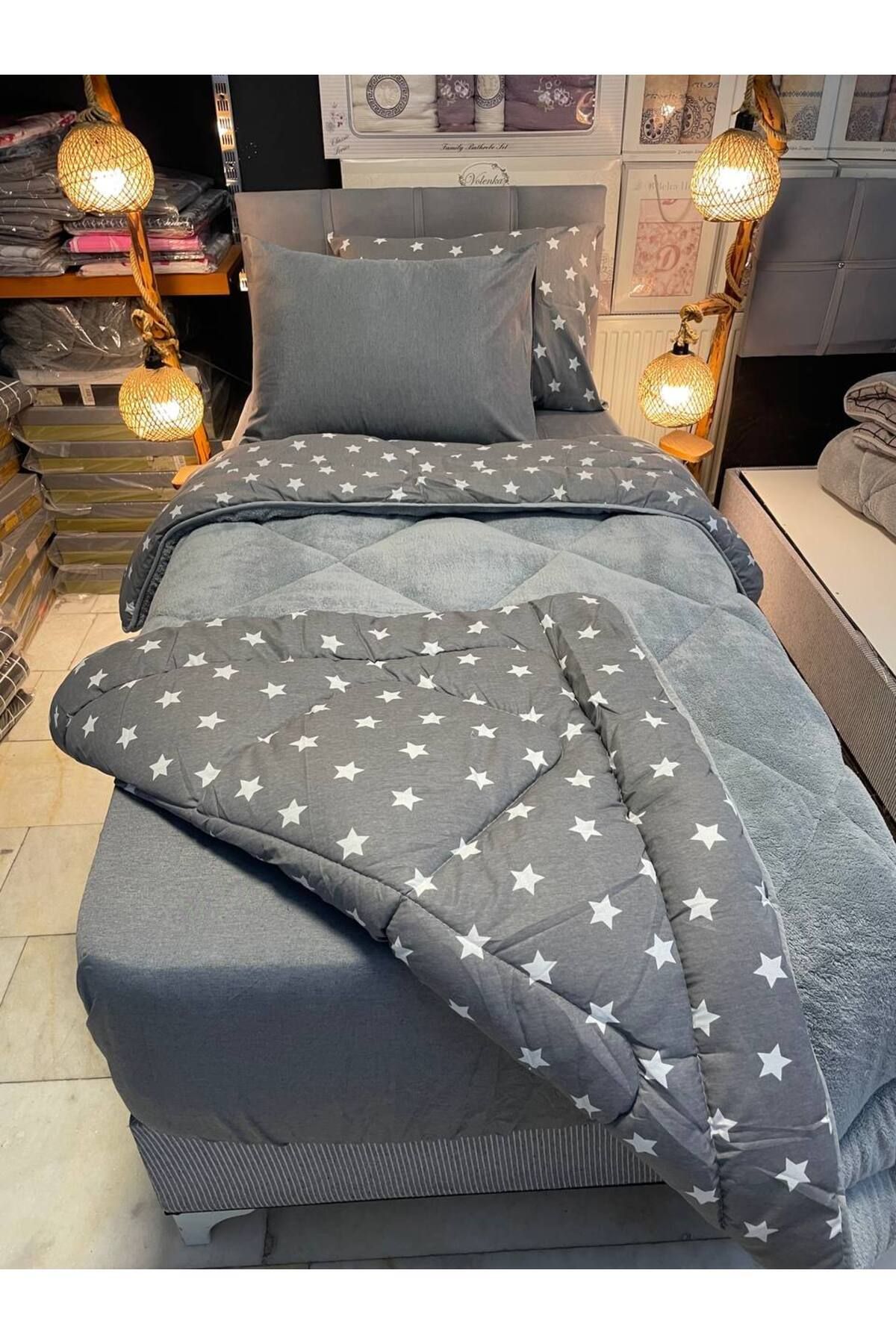Sudemhome-Single Double Sided Welsoft Fluffy Soft Sleeping Set Anthracite Star (with Elastic Sheets) 5