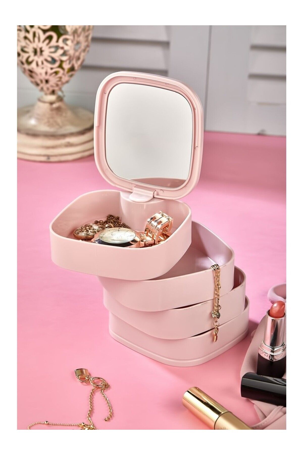 Pazar Kapısı-4 Tiers Mirrored Square 360 Degree Rotatable Jewelry Organizer Box 5