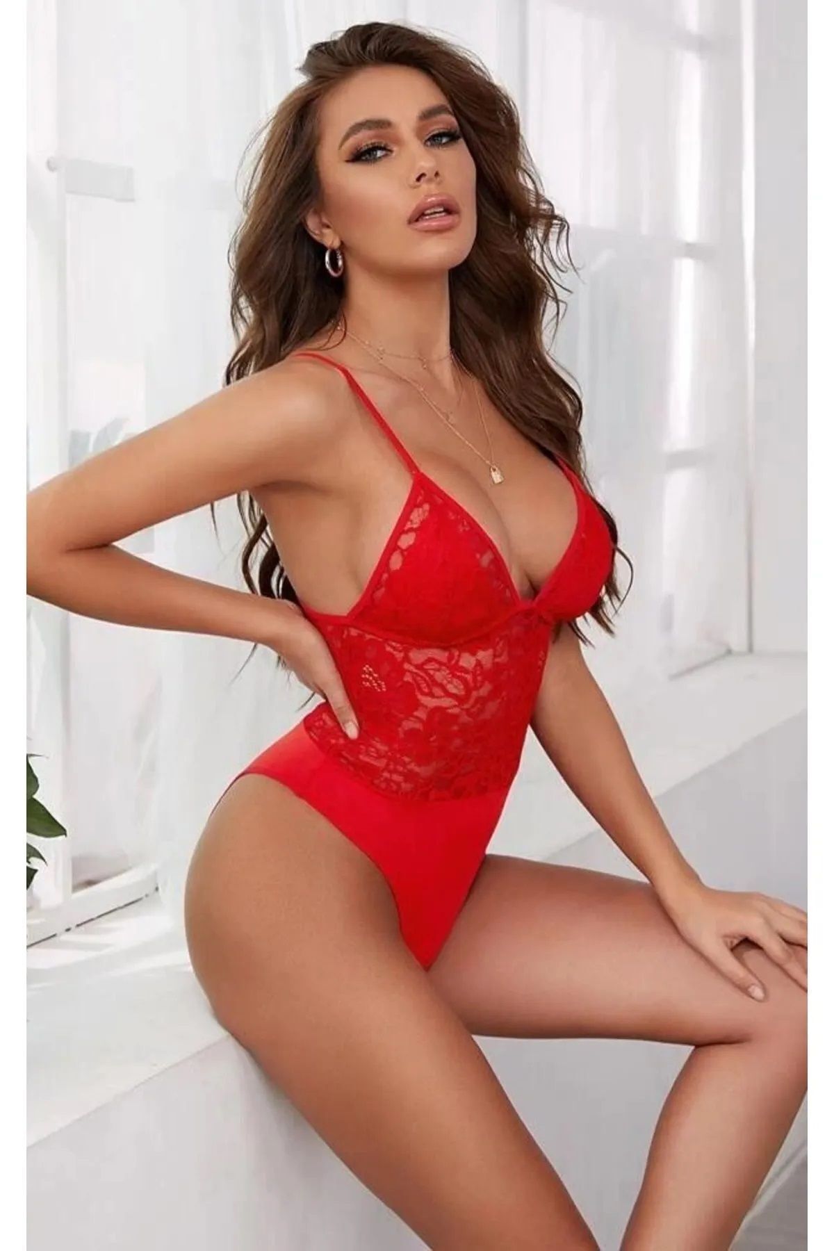 DOSESA-Cămașă de noapte Babydoll din dantelă roșie 4