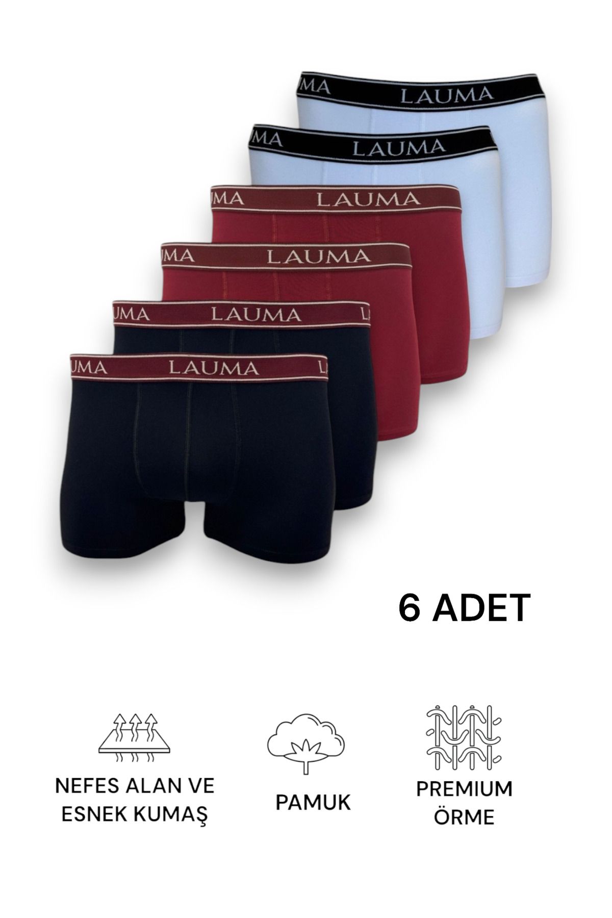 LAUMA Beyaz Bordo Siyah Pamuklu Kayma Yapmayan Likralı Erkek Boxer 6'lı Paket