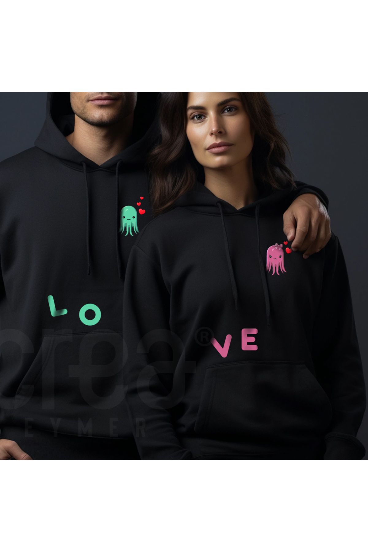 Pink Sky Sevimli Aşıklar Tasarımlı Sevgili Kombini 2li Set Sevgililer Günü Hediyesi Oversize Hoodie