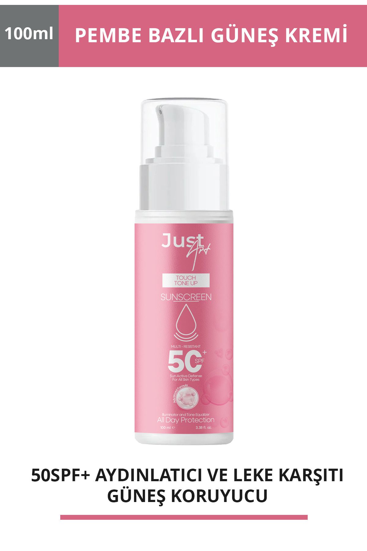 Just Art Ton Eşitleyici yüksek Koruma Etkili Spf50+ Aydınlatıcı Pembe Yüz Güneş Kremi 100ml