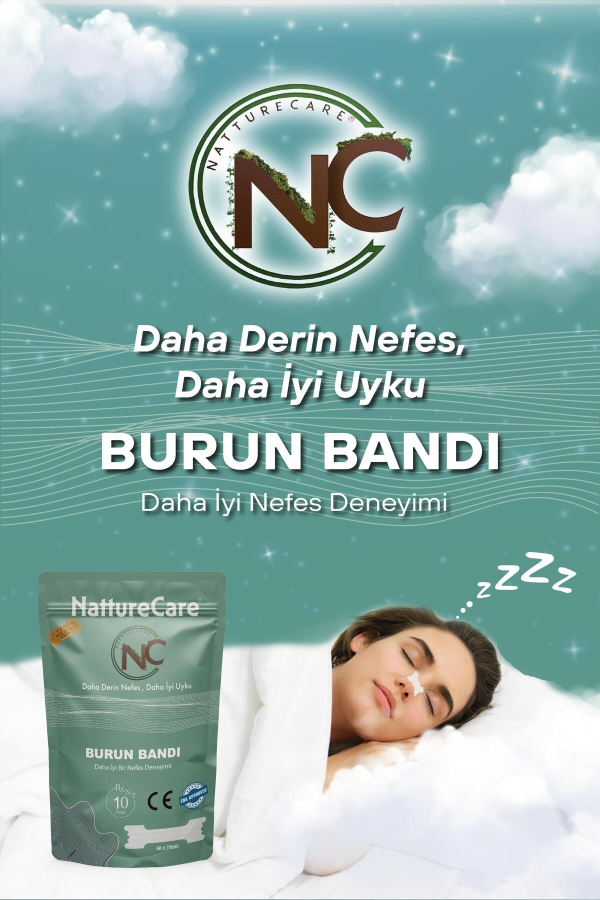 NC Natturecare NattureCare Yeni Nesil Nefes Almaya Yardımcı Ve Horlamayı Azaltan Burun Bandı 10'Lu 66*19 SEFFAF