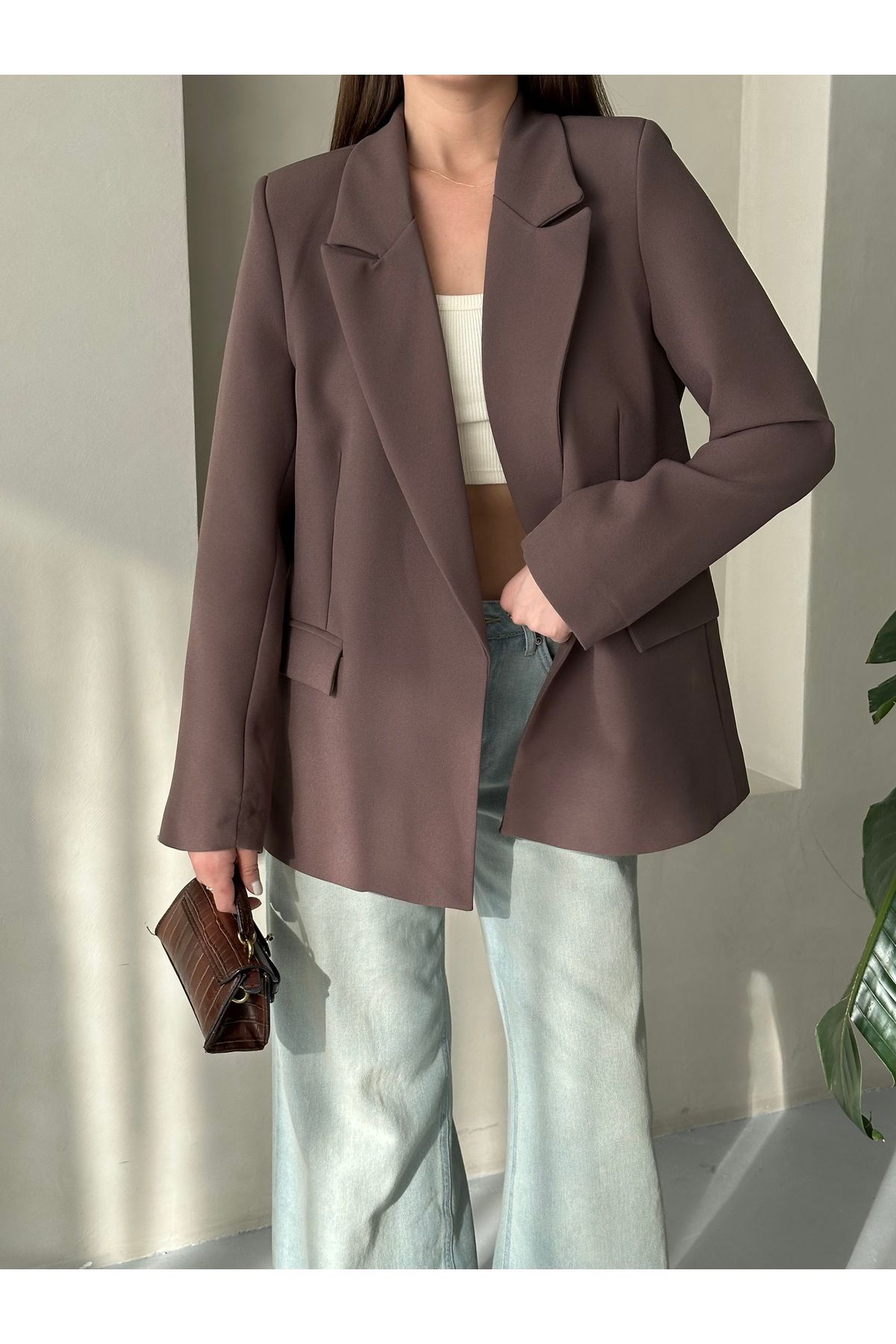 Laluvia-Brown Sleeve Folded Blazer Jacket-9134 2