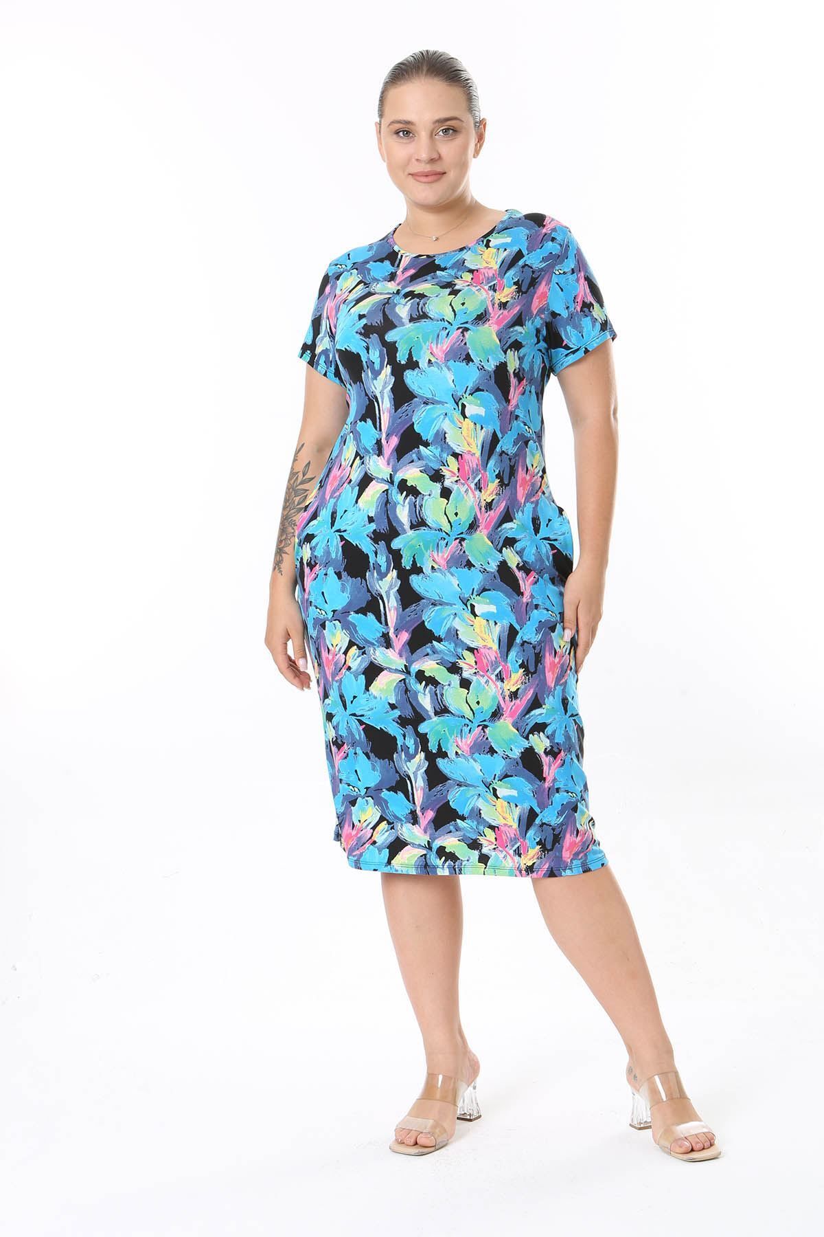 modayız-Patterned Plus Size Summer Dress - Pockets, Model No: 24C-2558 5