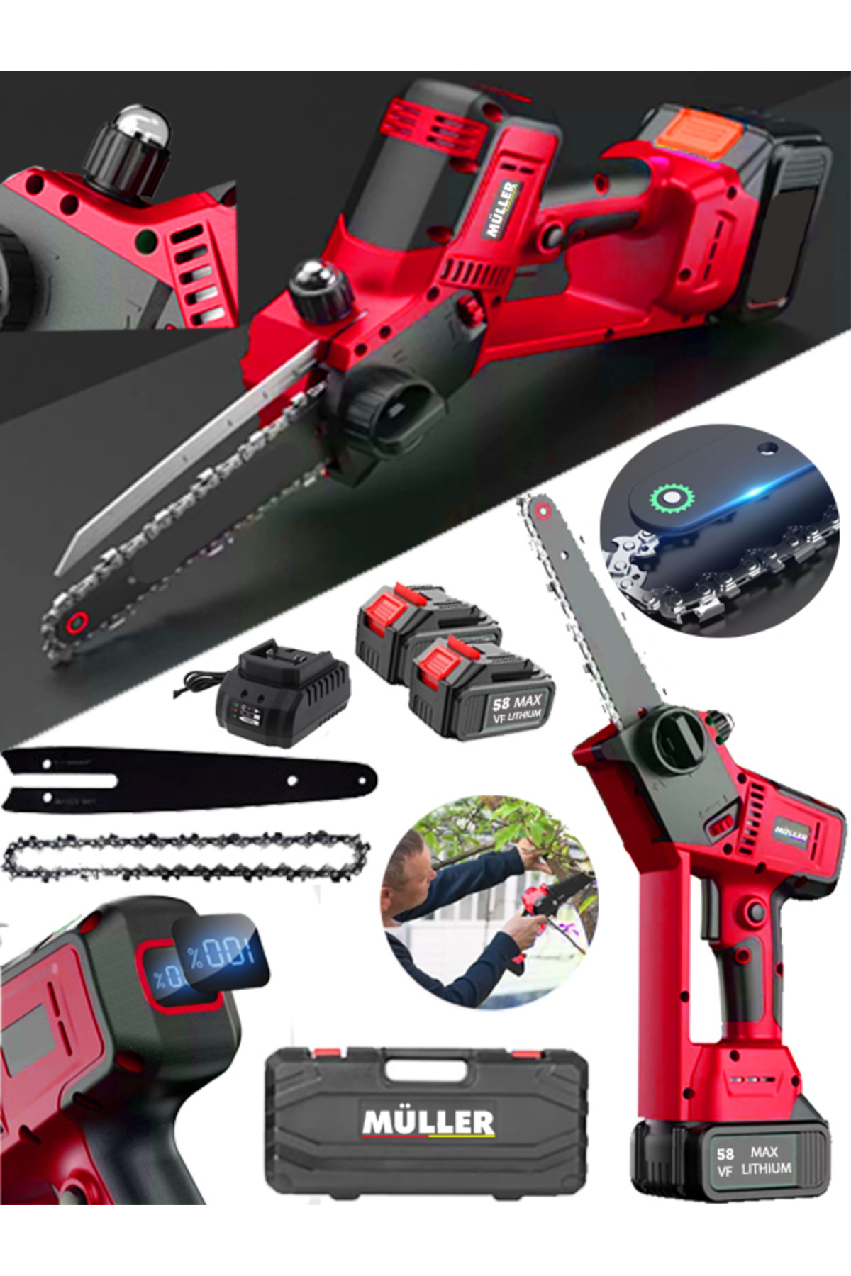 Müller Alman GT Series 58Vf Dijital Şarj Göstergeli Şarjlı Akülü Dal Kesme Budama Testere Makinesi