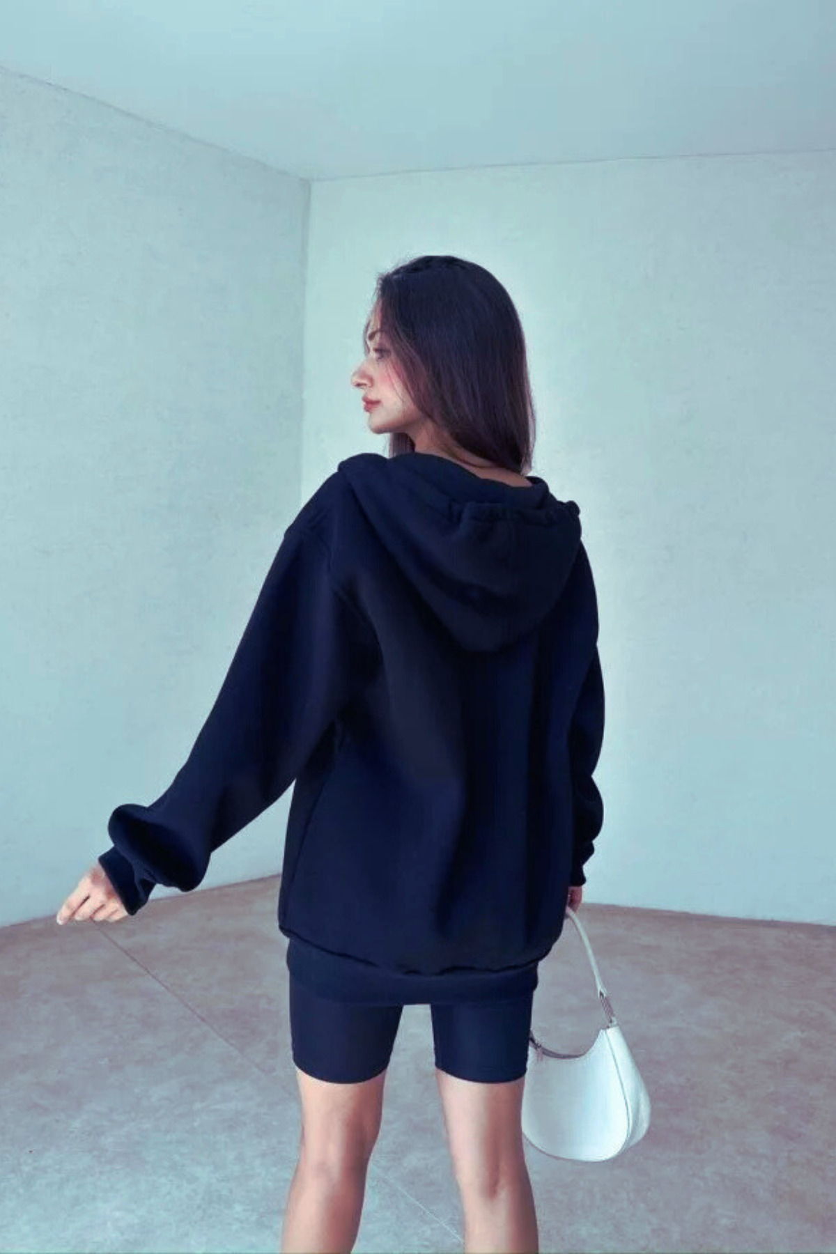 YAKAMEL Kadın 3 İplik Oversize Kapüşonlu Fermuarlı Hırka Sweatshirt görsel 3