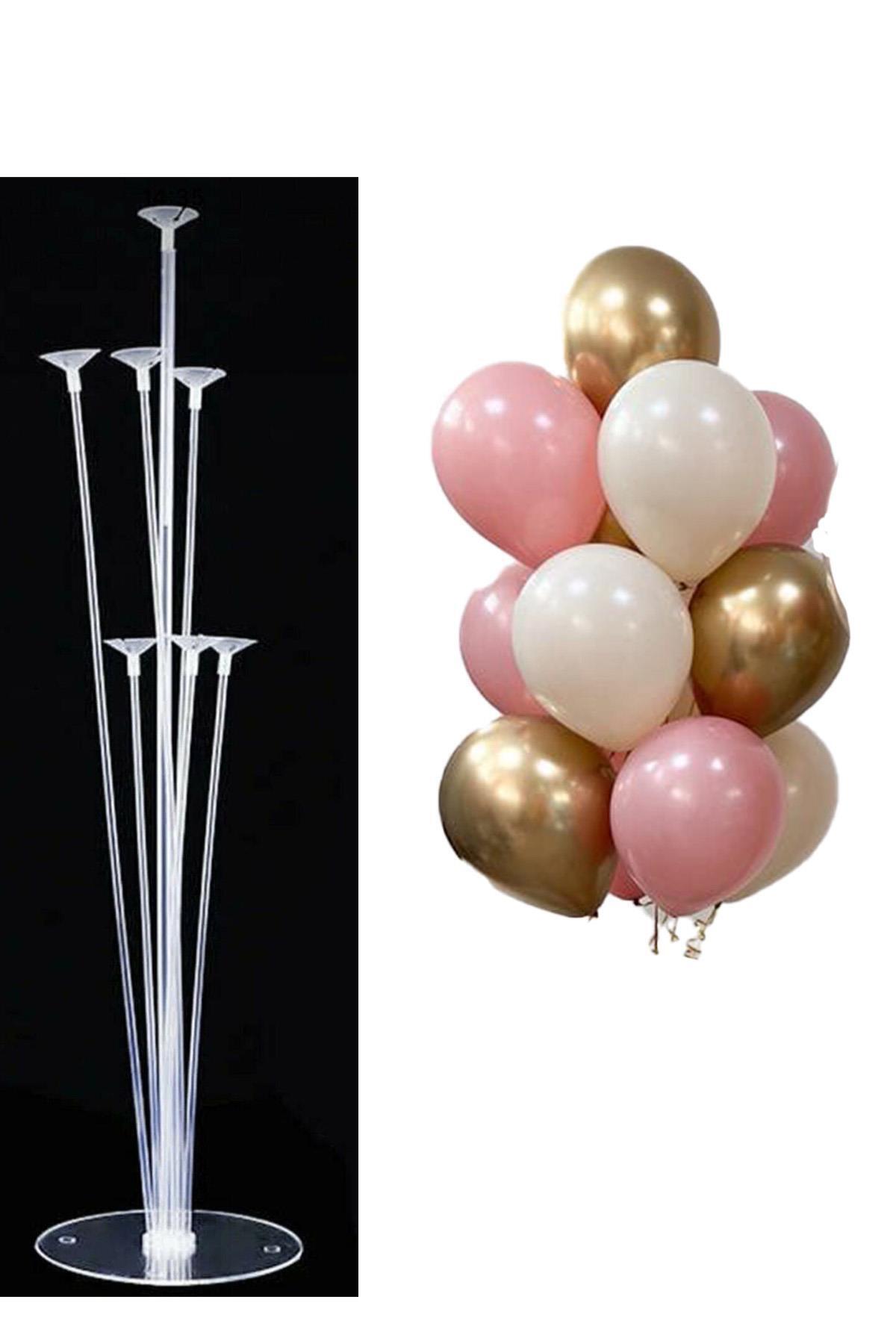 Patladı Gitti 7'li Balon Standı ve 10 Adet Krom Gold, Kum ve Pembe Balon Set