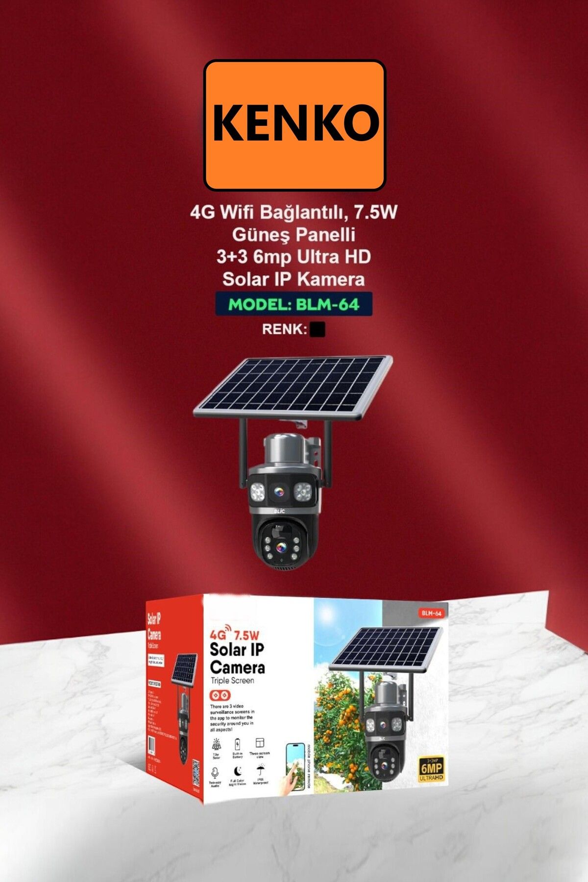 Kenko Solar Pro Ip Kamera 4G 7,5W Güneş Enerjili Dual Lens 360° Görüş Akıllı Güvenlik Kamerası Blic Blm-64