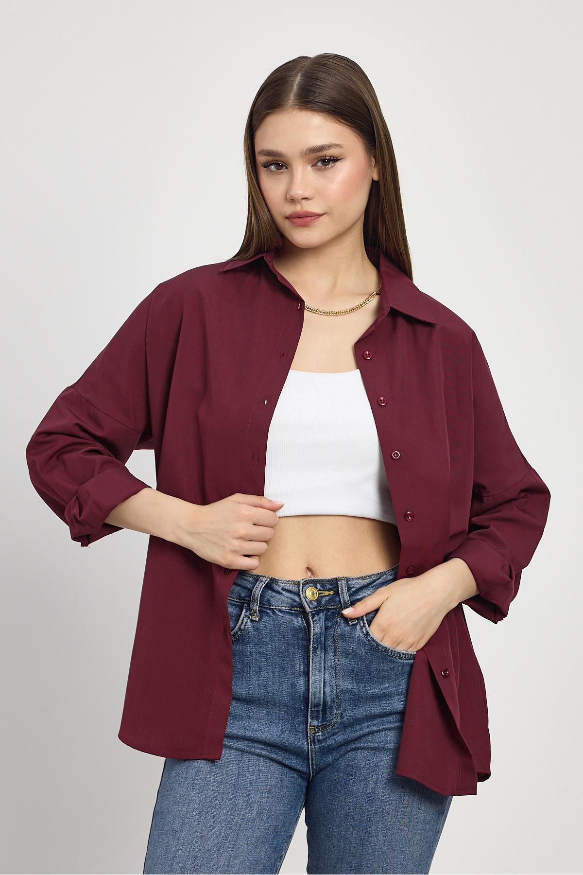 Rays  Bordo Relaxed Fit Rahat Kesim Basic Gömlek - 6621a - Görsel 8