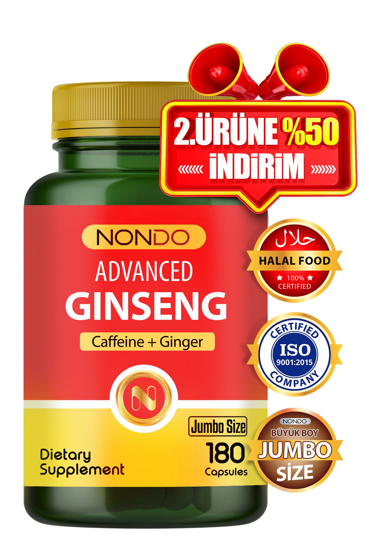 Nondo Ginseng 180 Kapsül Jumbo Boy (Kore Panax Ginseng, Keçiboynuzu, Koenzim Q10)