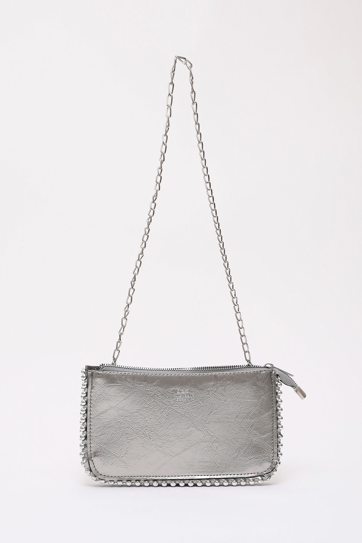 SHAKA-Shk182 Silver Faux Leather - 3 Compartments Bead Detailed Zippered Chain Strap Hand, Arm and Shoulder Bag E:23 1