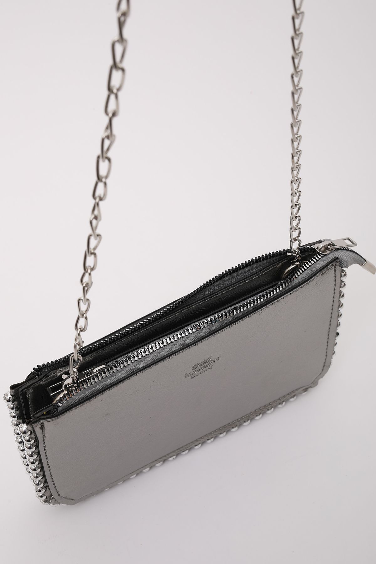 SHAKA-Shk182 Silver Faux Leather - 3 Compartments Bead Detailed Zippered Chain Strap Hand, Arm and Shoulder Bag E:23 7