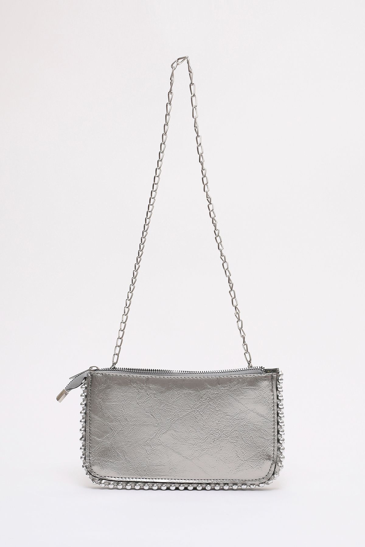 SHAKA-Shk182 Silver Faux Leather - 3 Compartments Bead Detailed Zippered Chain Strap Hand, Arm and Shoulder Bag E:23 3