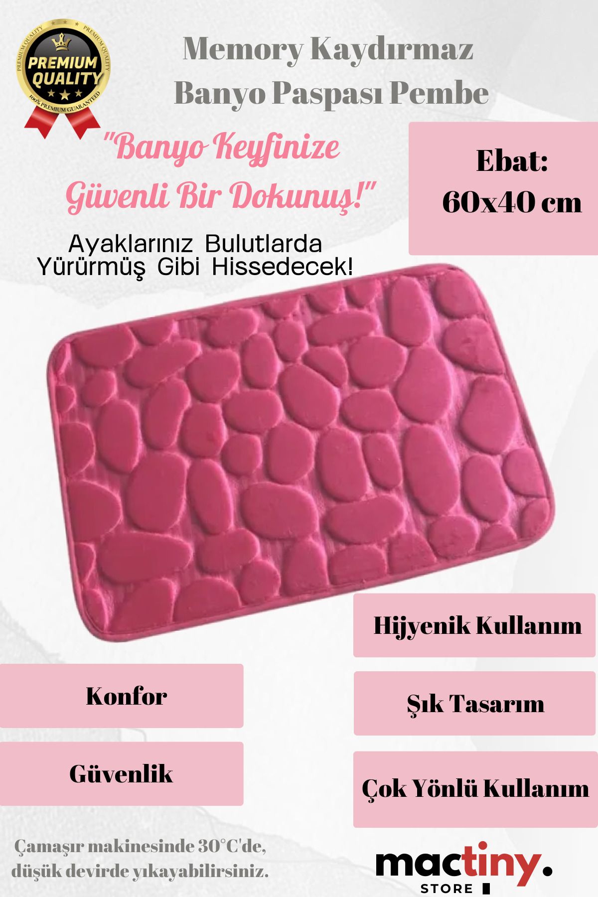 Mactiny Premium Ürün Kaliteli Ürün Kaliteli Sağlam Dayanıklı Şık Lüks  Memory Kaydırmaz Banyo Paspası Pembe