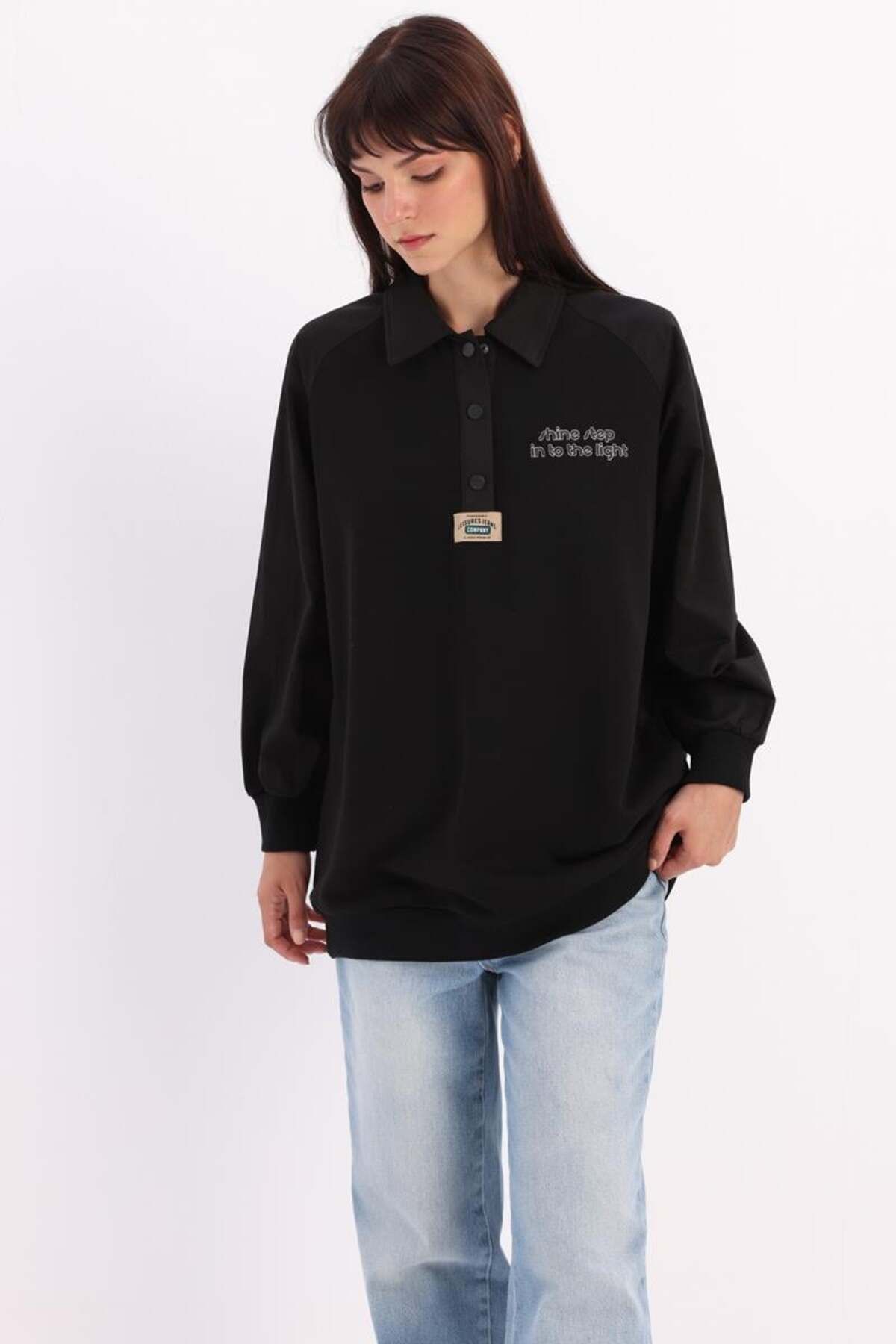 ALLDAY Siyah-Pamuklu Garnili Polo Yaka Sweatshirt