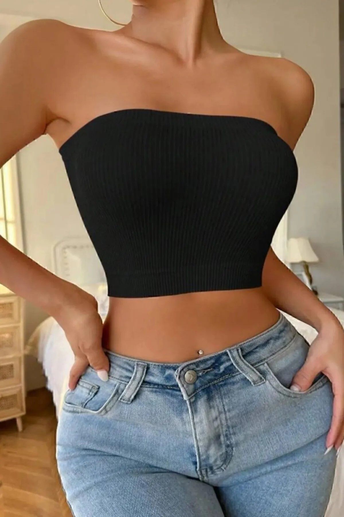 LacyLadyZarifveŞık Kadın Beyaz Fitilli Kaşkorse Straplez Crop Büstiyer