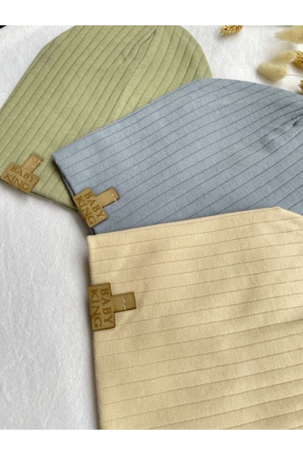 MASALBABY 3'lü Organik Pamuk Penye Bebek Şapka Bere Takım (Ağız mendili hediye) Mavi Yeşil Bej Renk fotoğrafı 4 (önizleme)