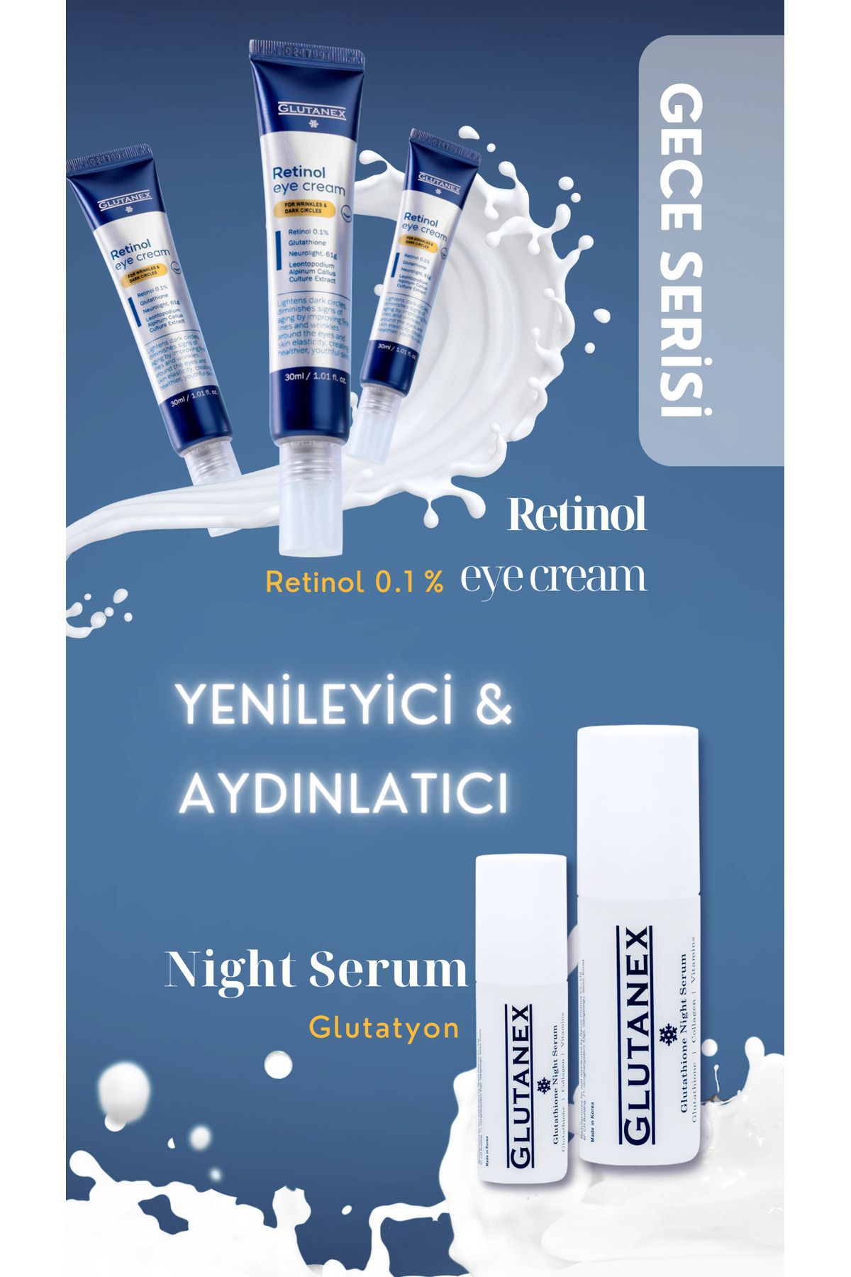 GLUTANEX Gece Bakım Serisi- Retinol Göz Kremi ve Gece Serumu İkilisi