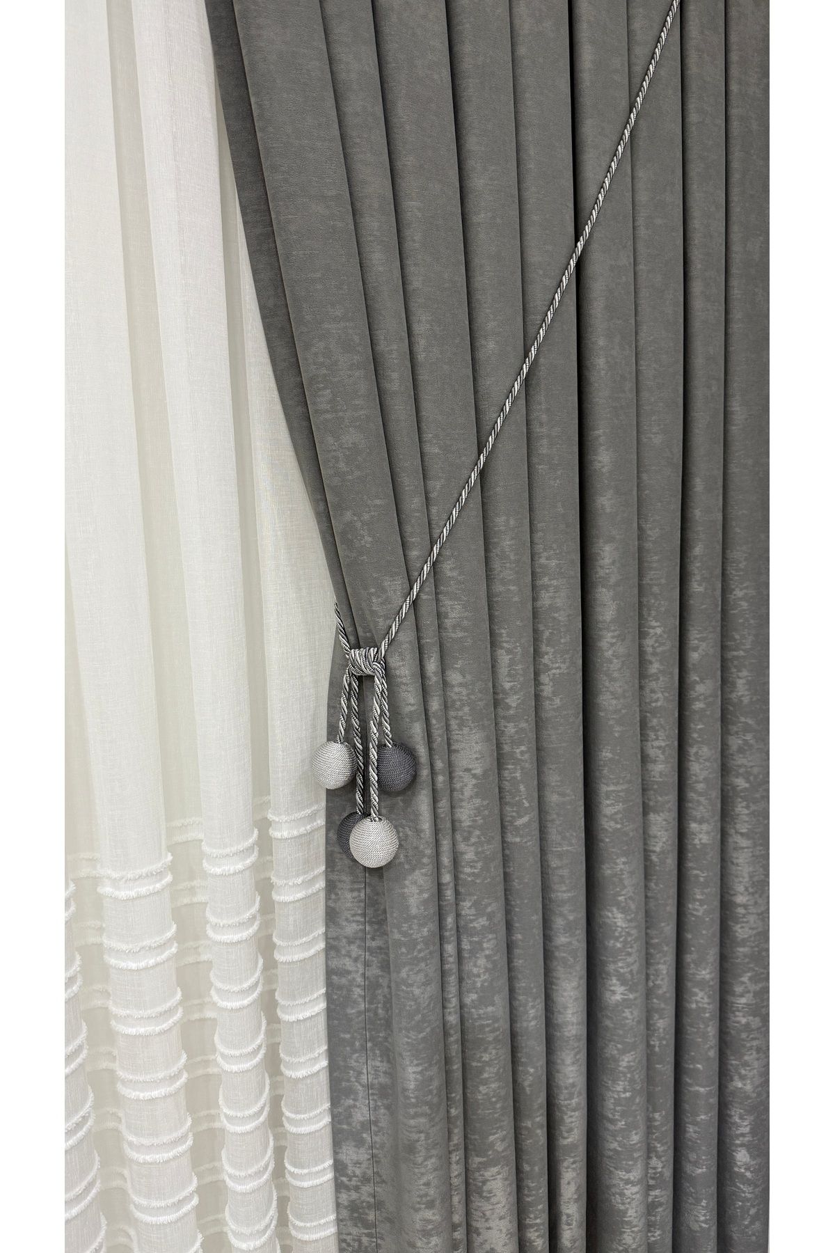 Fon Dünyası-Velvet Textured Luxury Background Curtain Gray Tight Pleat (Single Wing) 2