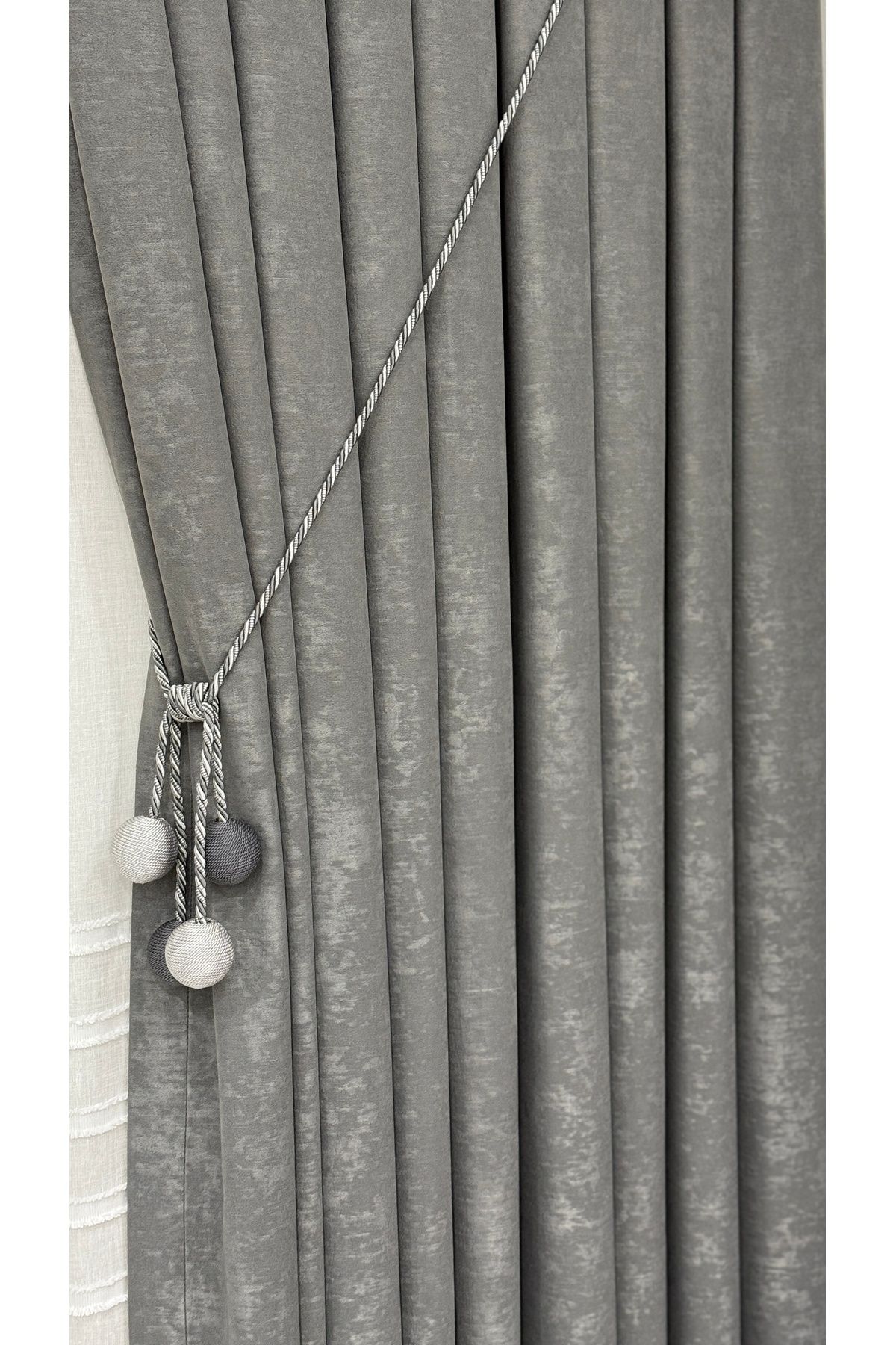 Fon Dünyası-Velvet Textured Luxury Background Curtain Gray Tight Pleat (Single Wing) 5