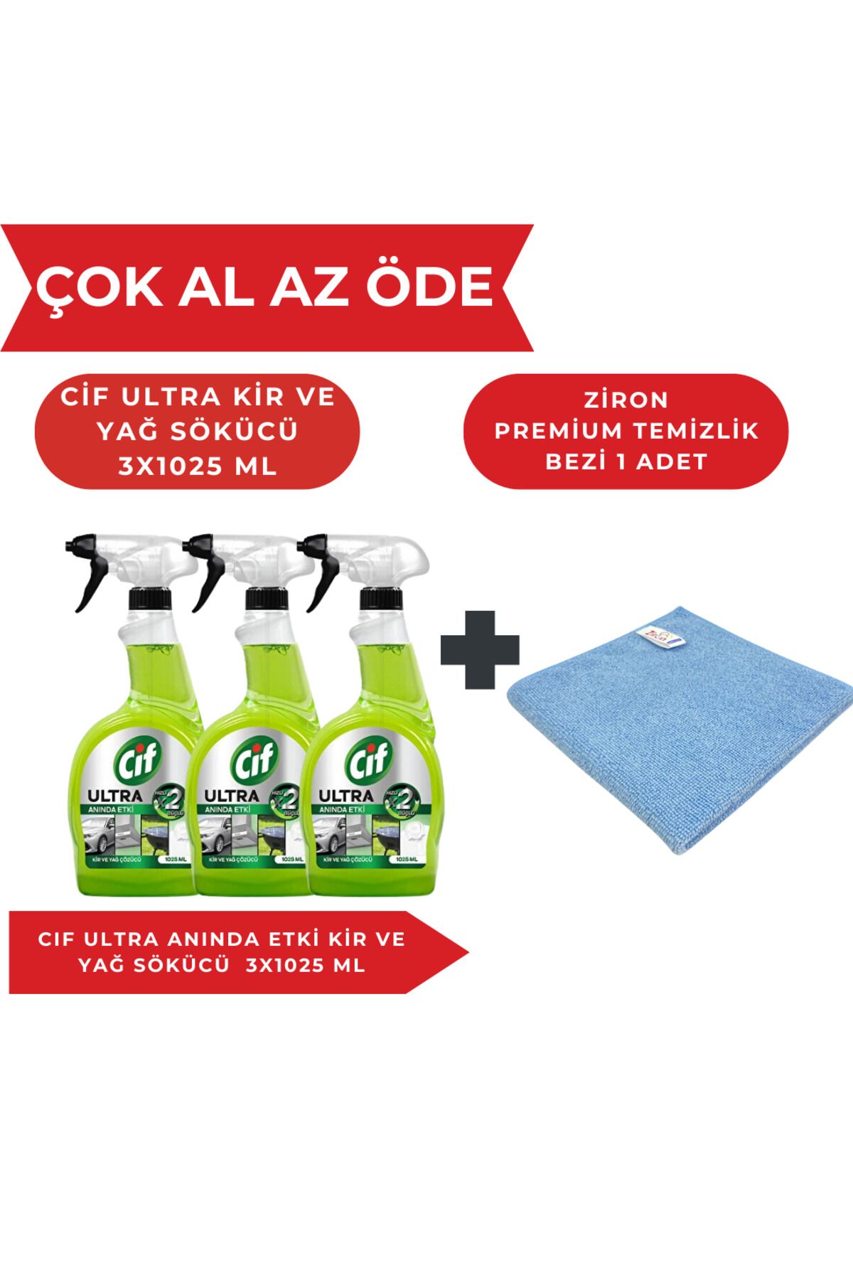 Cif Ultra Anında Etki Kir ve Yağ Sökücü 3x1025 Ml + Ziron Mikrofiber Bez