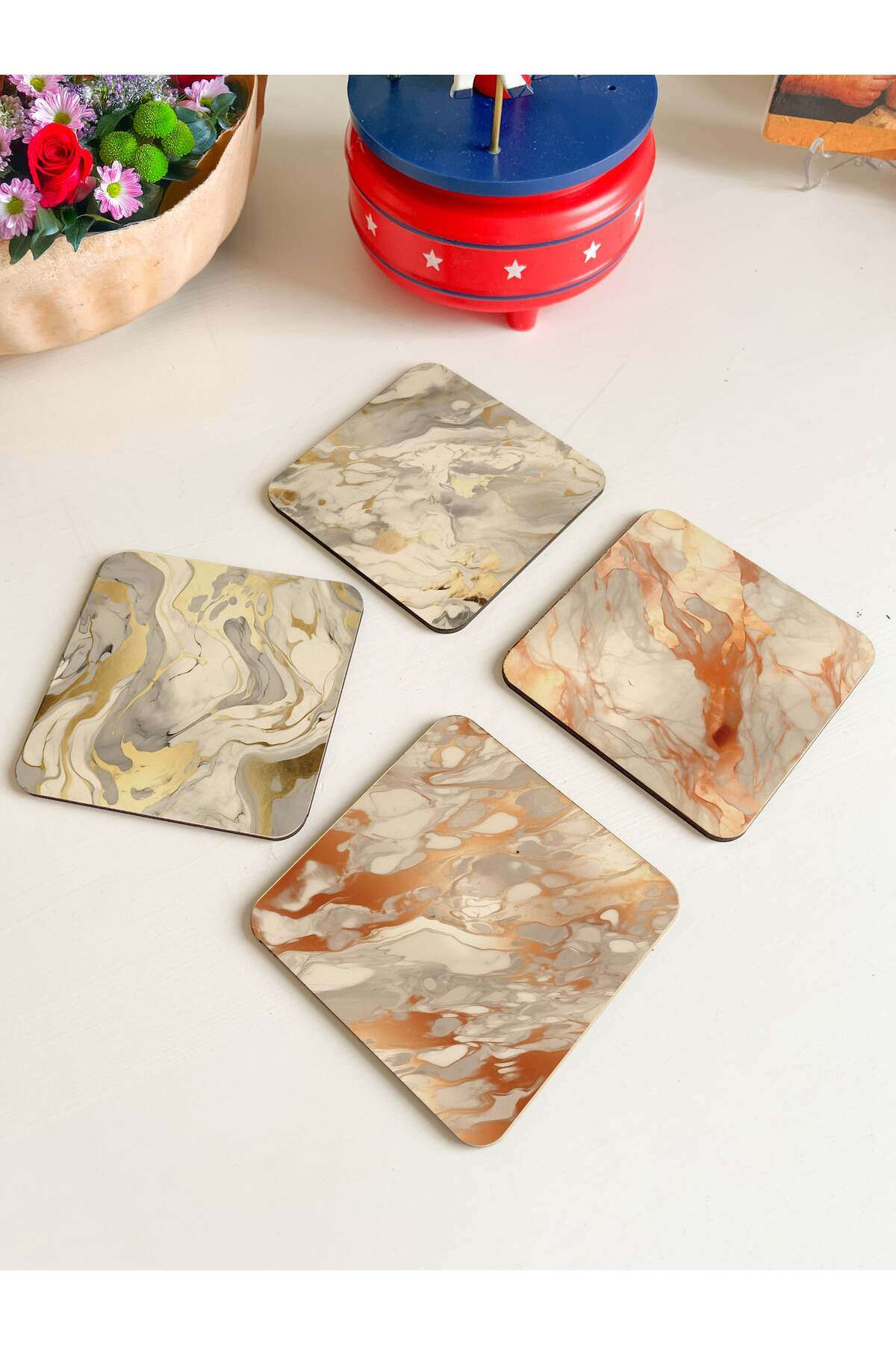 arslart-Stylish Wooden Coasters with Marble Pattern - Set of 4 2