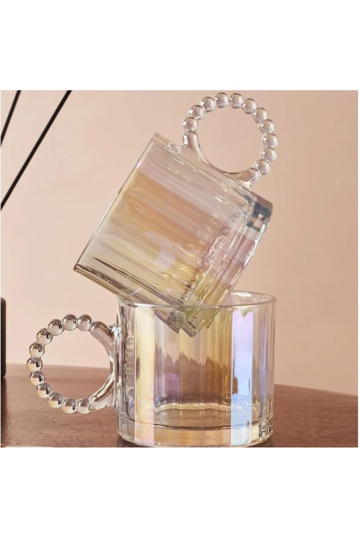 STOREMAX daiviolastore Line Luster 3’lü 325 ml Cam Kupa Seti – Boncuklu Kulp Tasarımlı Büyük Cam Mug