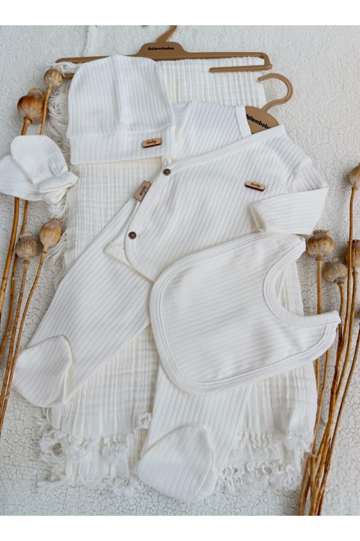 Modomood KIZ ERKEK BEBEK YENİDOĞAN EKRU 4 KAT MÜSLİN BATTANİYELİ HASTANE ÇIKIŞI ZIBIN SETİ fotoğrafı 2 (önizleme)