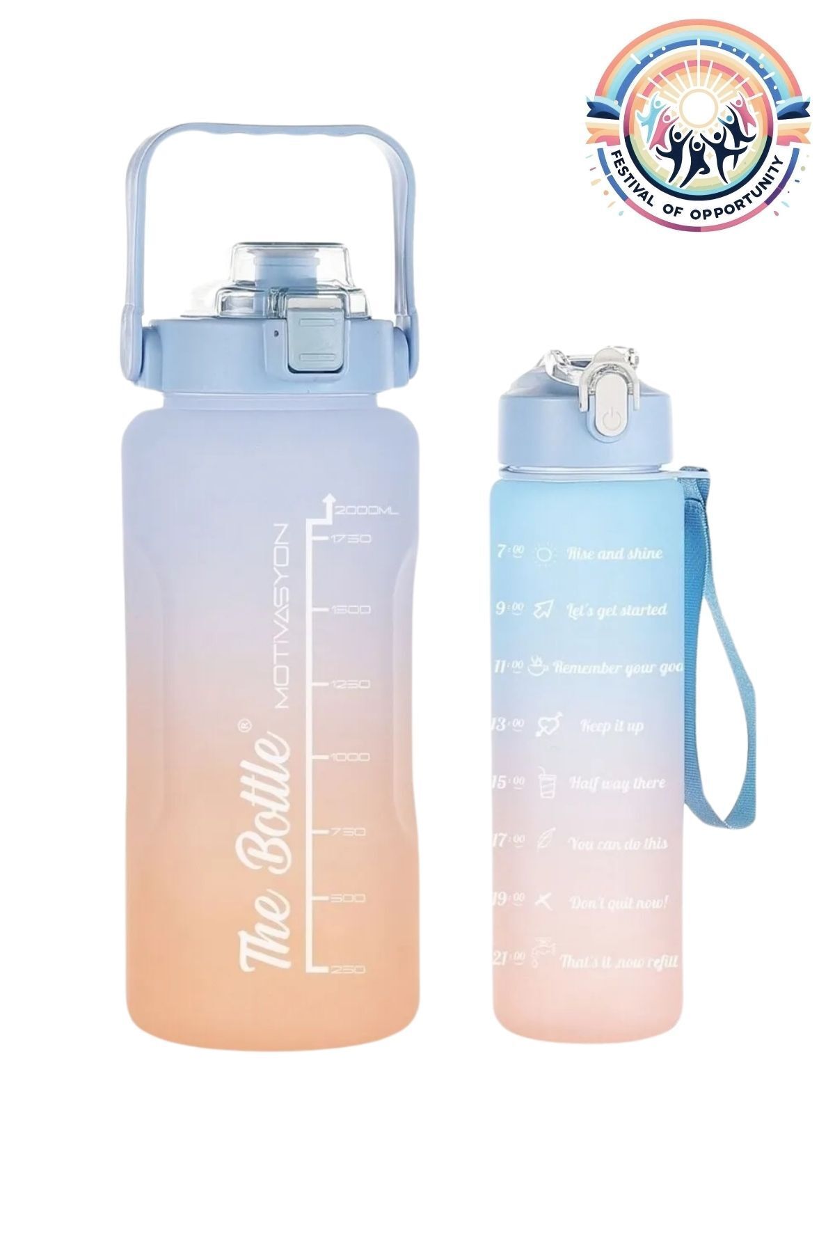 vahik The Bottle Motivasyonel 2li Pipetli Stickerli Su Matarası Su Şişesi Suluk 2 LT + 900 ML