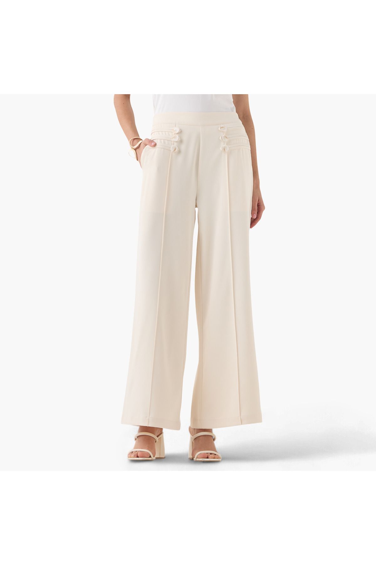 2Xtremz-Button Detail Wide Leg Pants With Pintucks 2