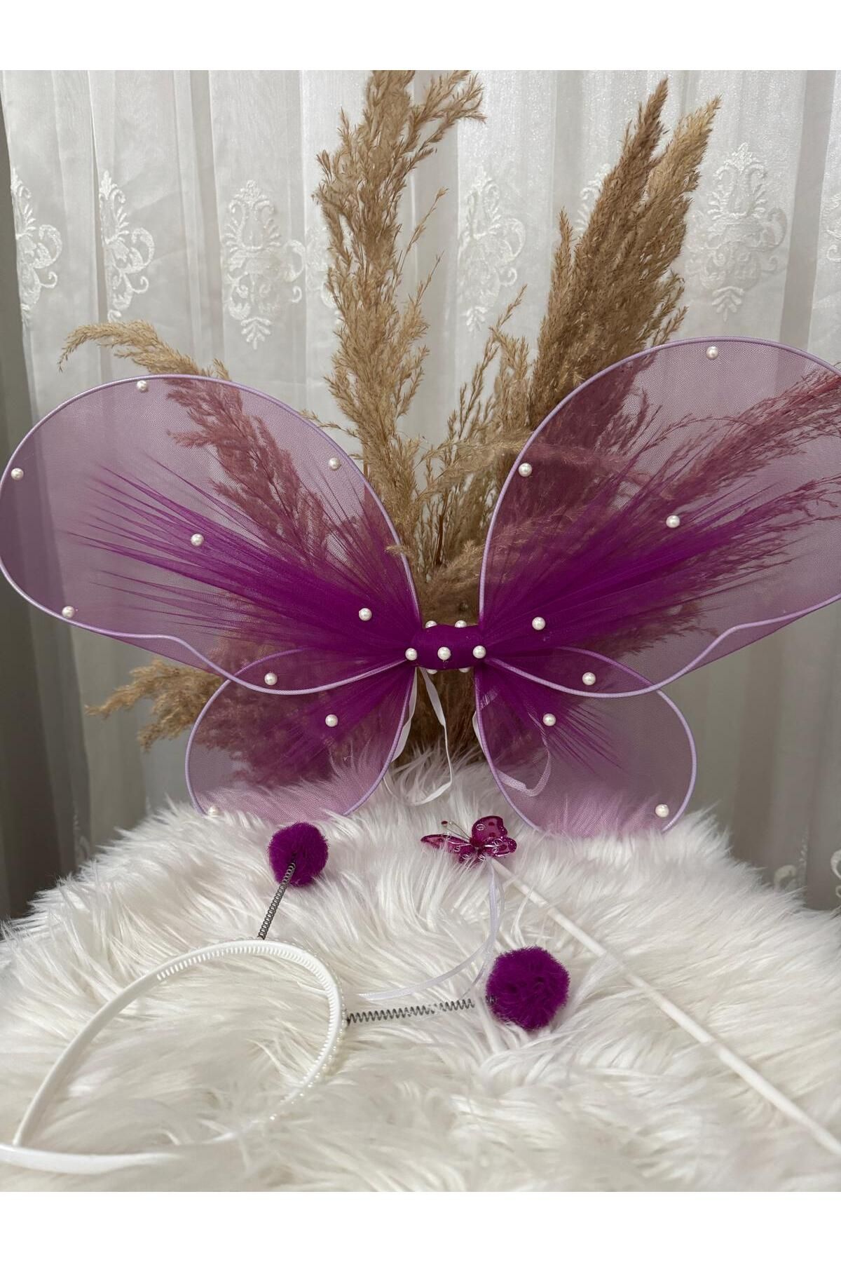 entrend-Pearl Detailed Butterfly Wing Crown Wand Set Set of 3 2