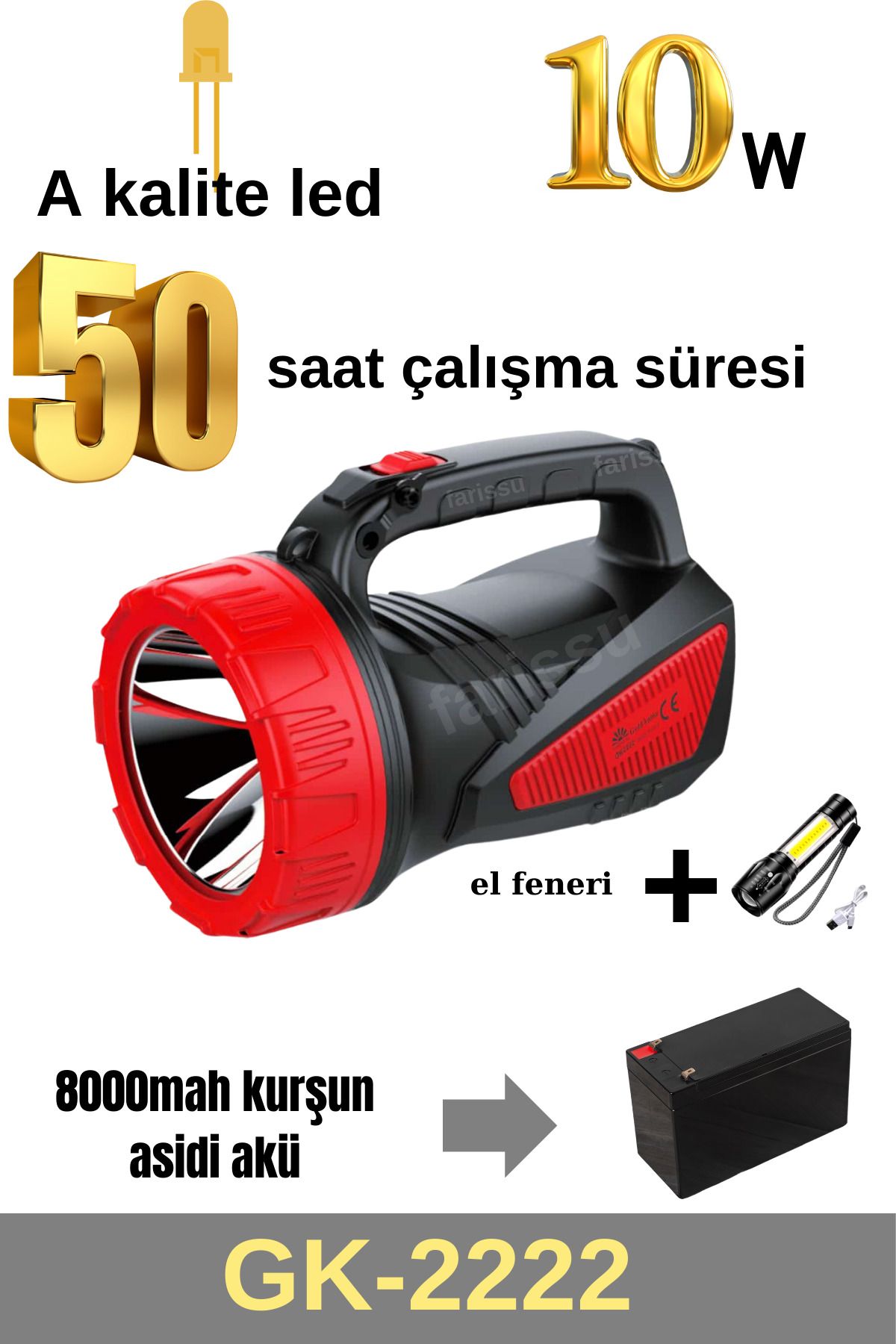 farissu 50 saat çalışma süreli 8000mah el feneri projektör