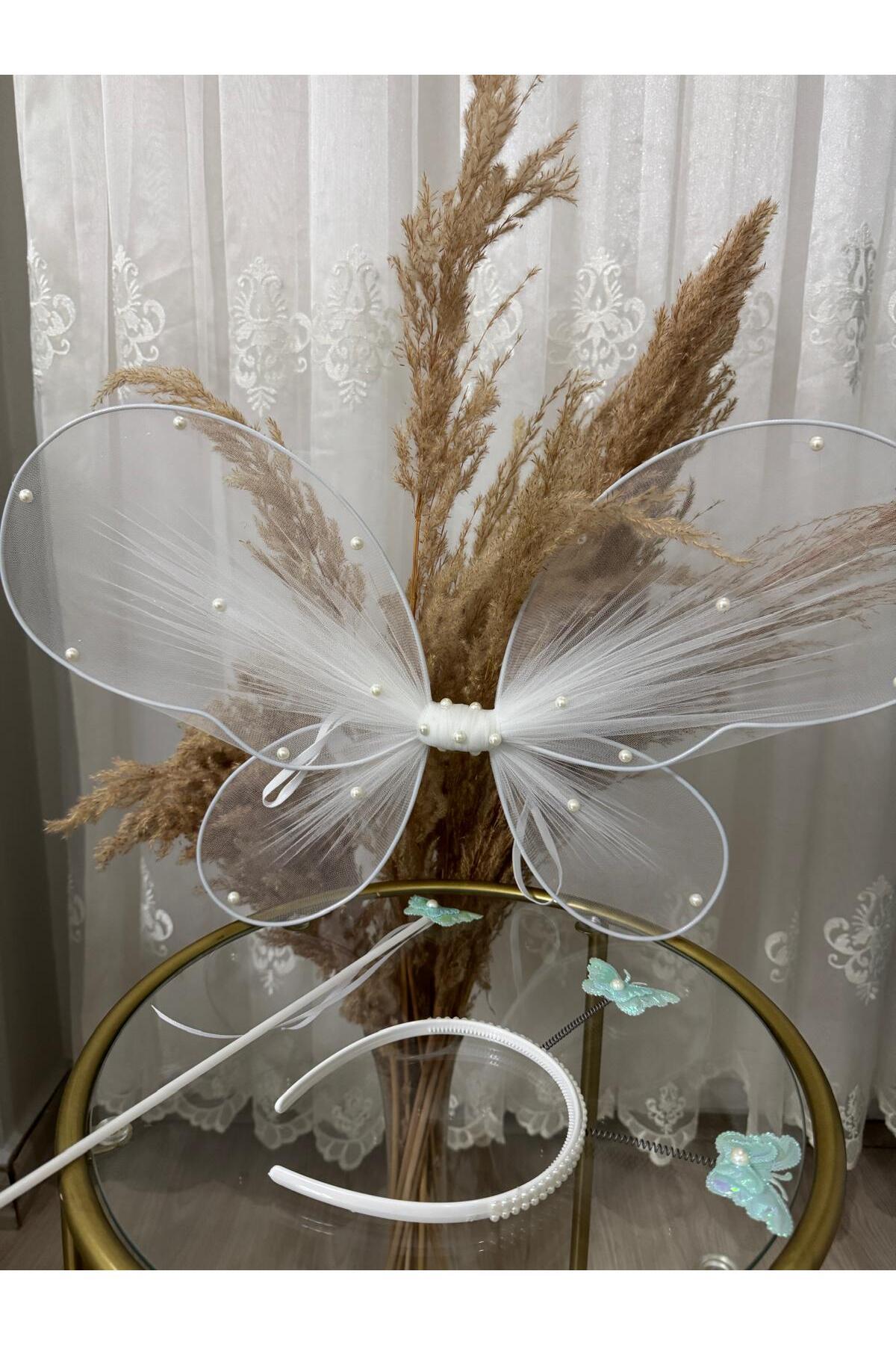 entrend Beyaz Kelebek Kanadı Inci Detaylı 3 Lü Set,okul Gösteri Kostümü, Çocuk Kostümü,parti Kostümü