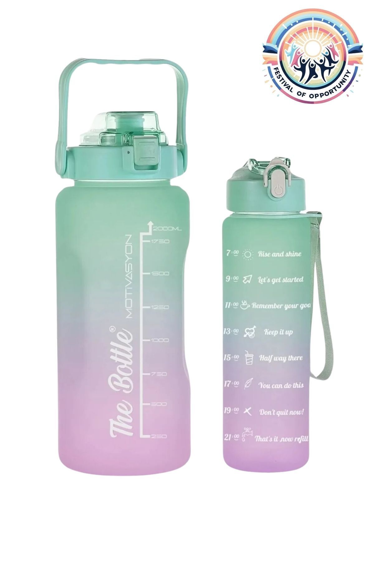 vahik The Bottle Motivasyonel 2li Pipetli Stickerli Su Matarası Su Şişesi Suluk 2 LT + 900 ML