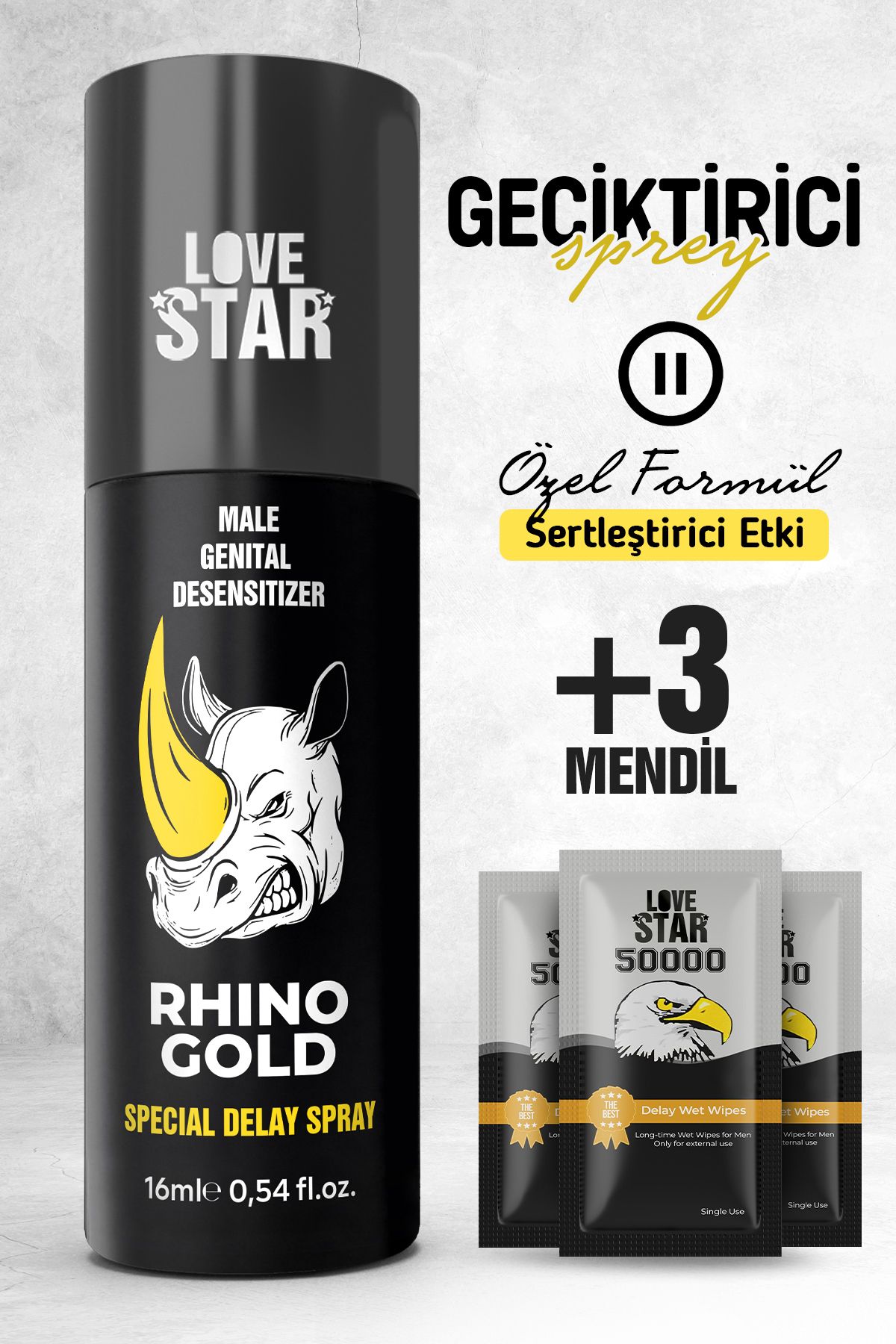 Love Star Geciktirmeye Yardımcı 15ml Sprey ve 3 Adet Tek Kullanımlık Mendil Geciktiricili Set